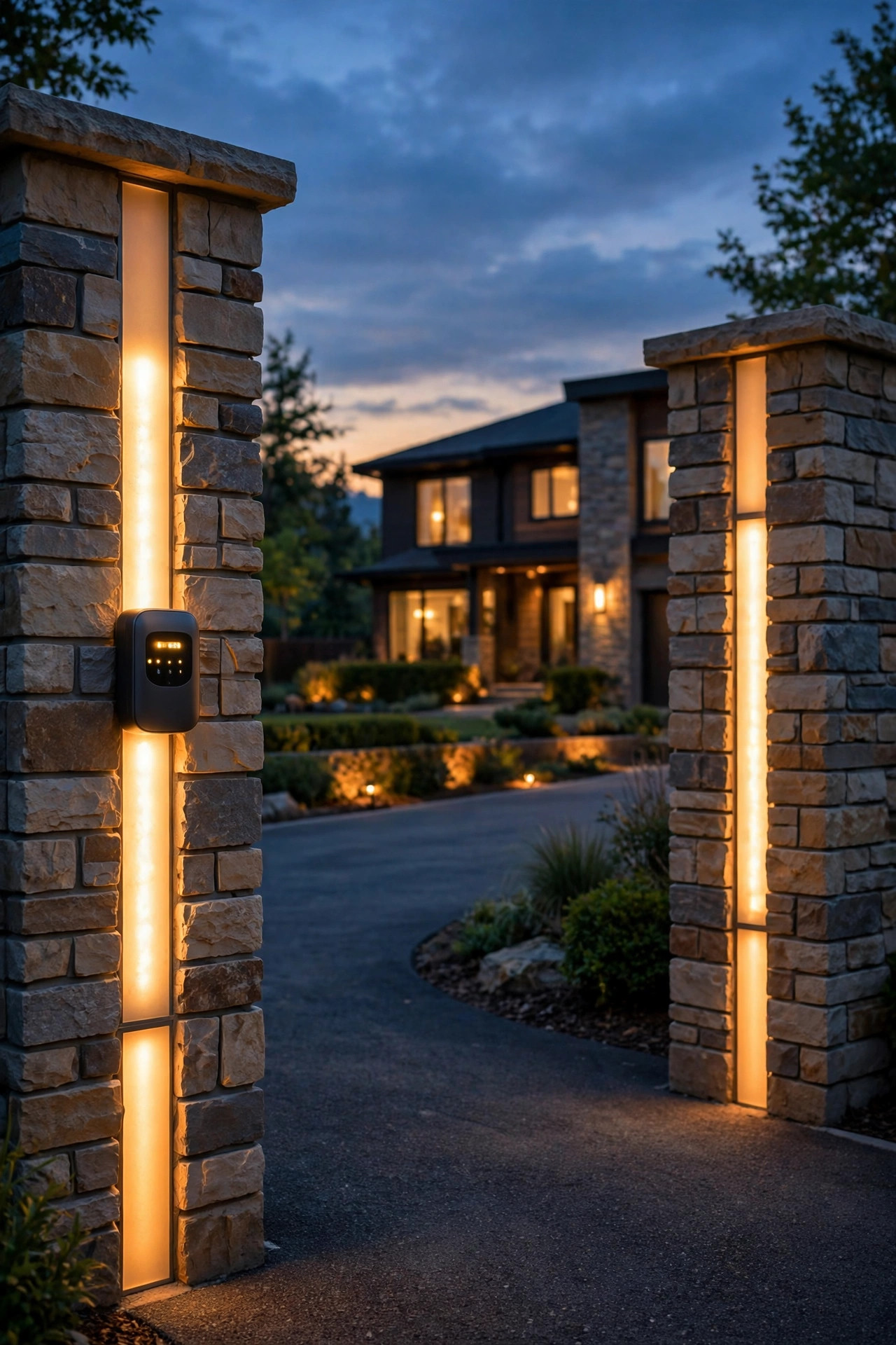 Warmly lit driveway entrance at dusk controlled by a smart timer, pillars glowing in sequence