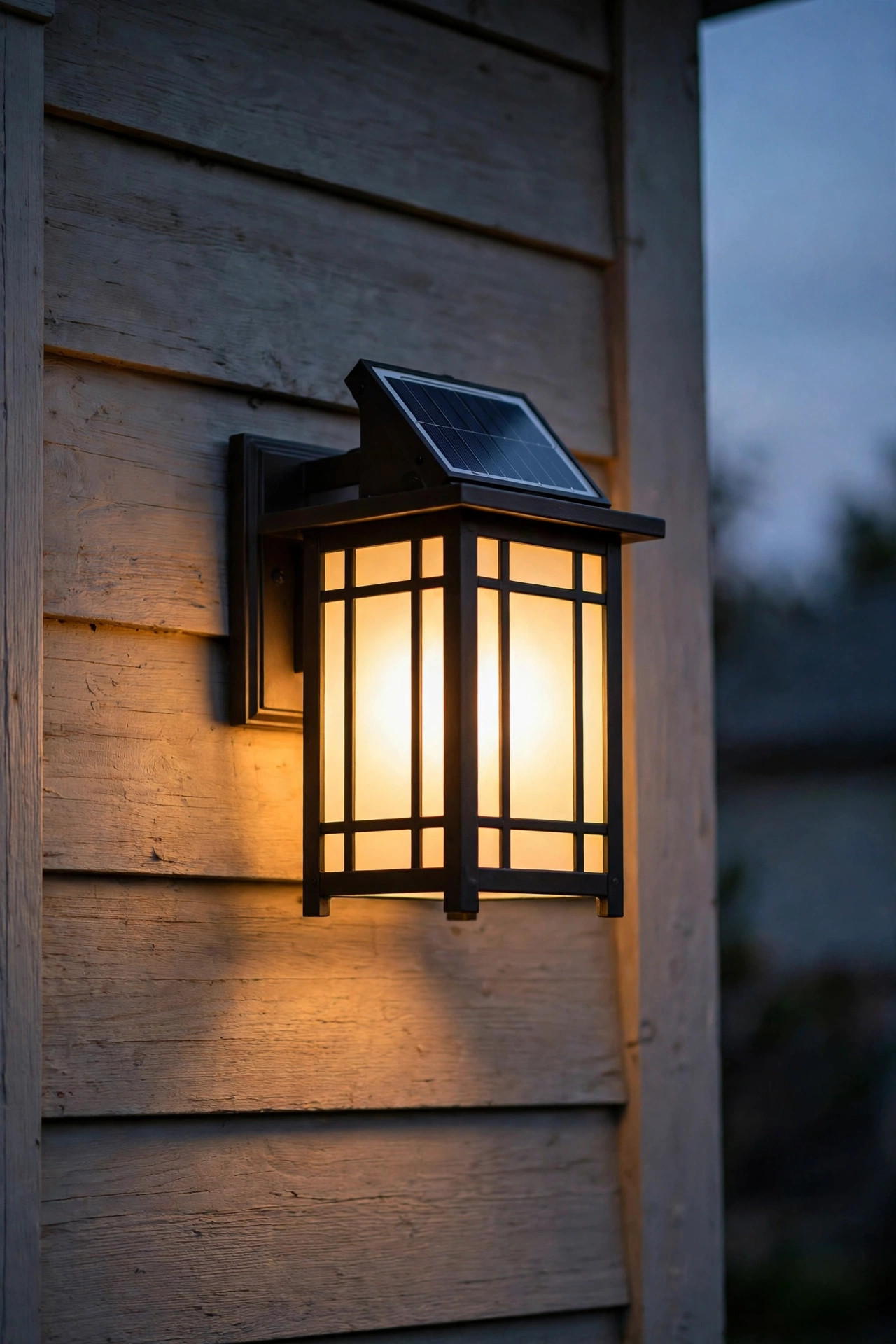 Solar craftsman style sconce with mission lines mounted on a garage wall glowing warmly without wiring
