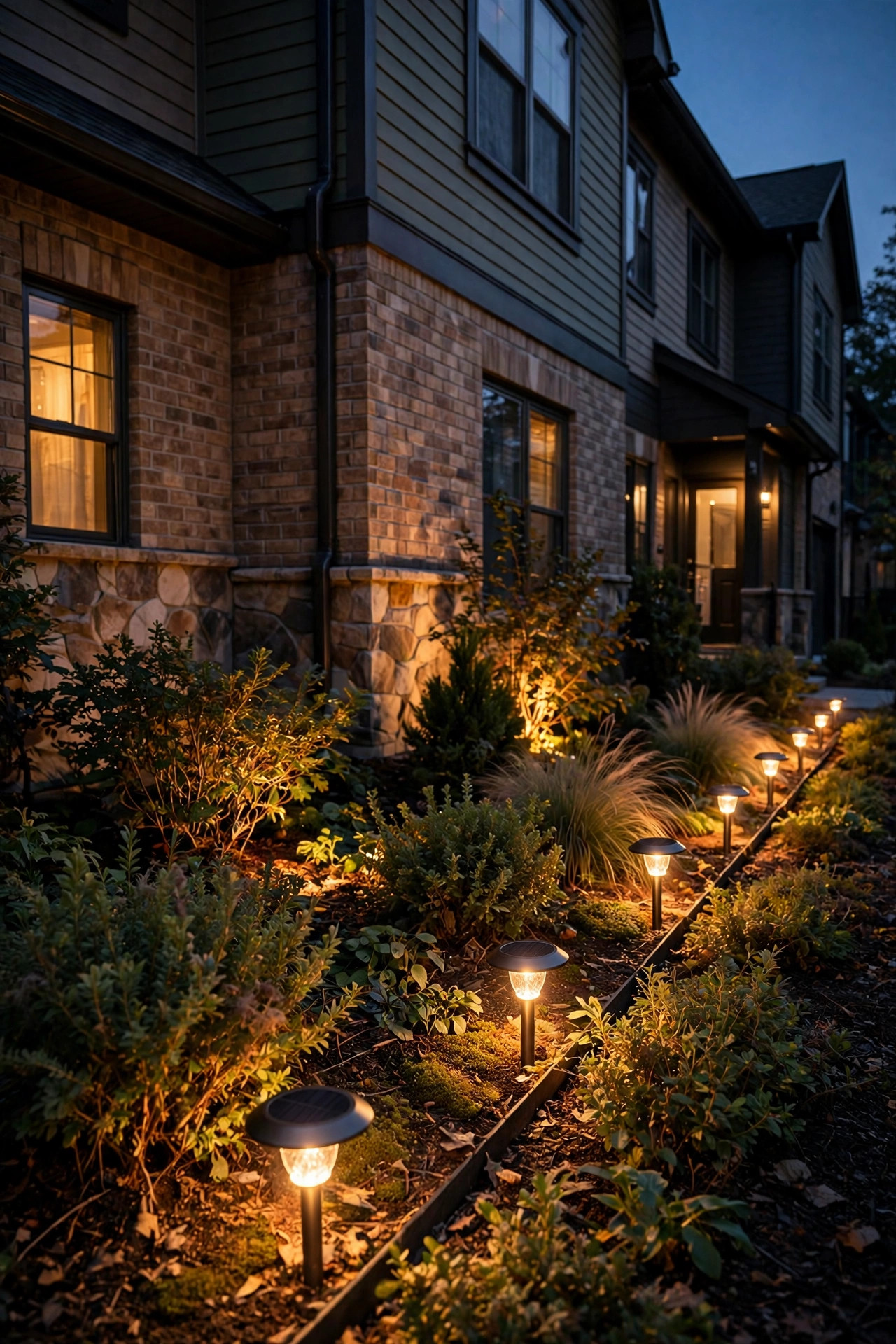 Solar disk lights edging a narrow townhome planting bed with low warm glow through shrubs