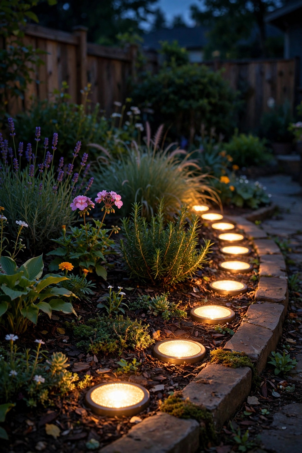 In-ground solar disk lights glowing flush along the edge of a backyard flower bed at night