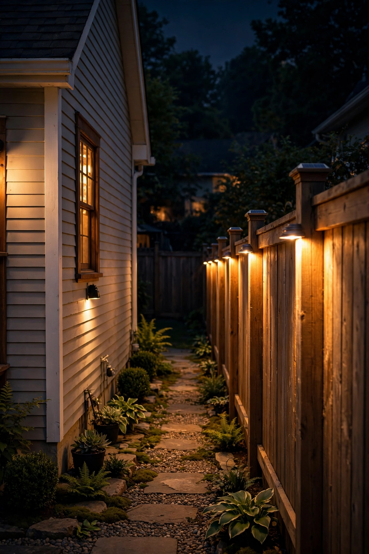 Warm solar post cap lights glowing along a fence line bordering a narrow side yard
