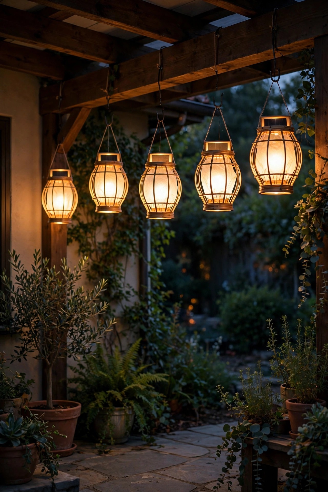 Solar lanterns hanging from covered patio beams glowing softly at night after charging in sun all day