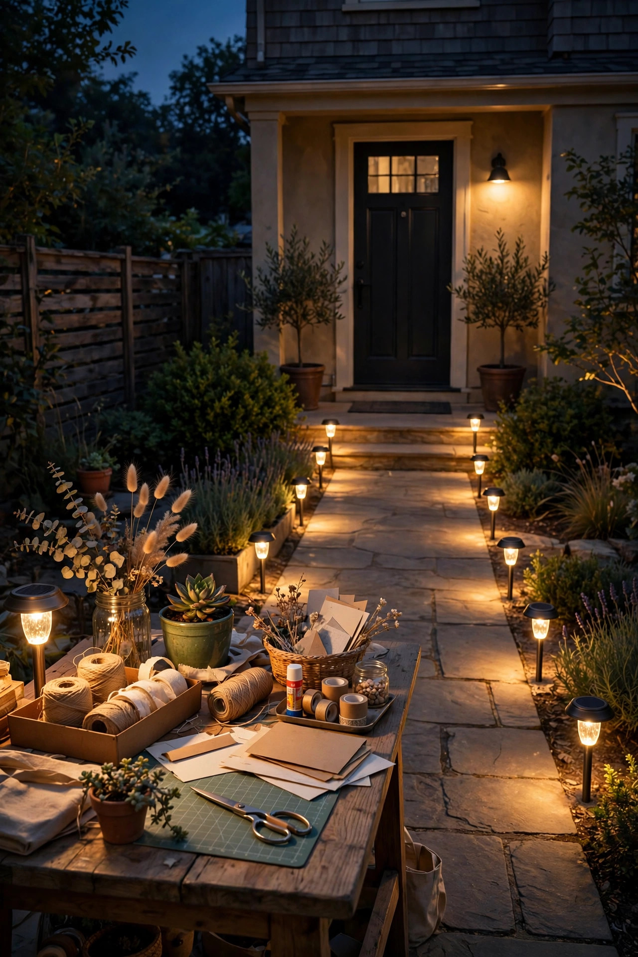 Front walkway at dusk lined with low capped path lights casting soft circles of warm light on the pavement only