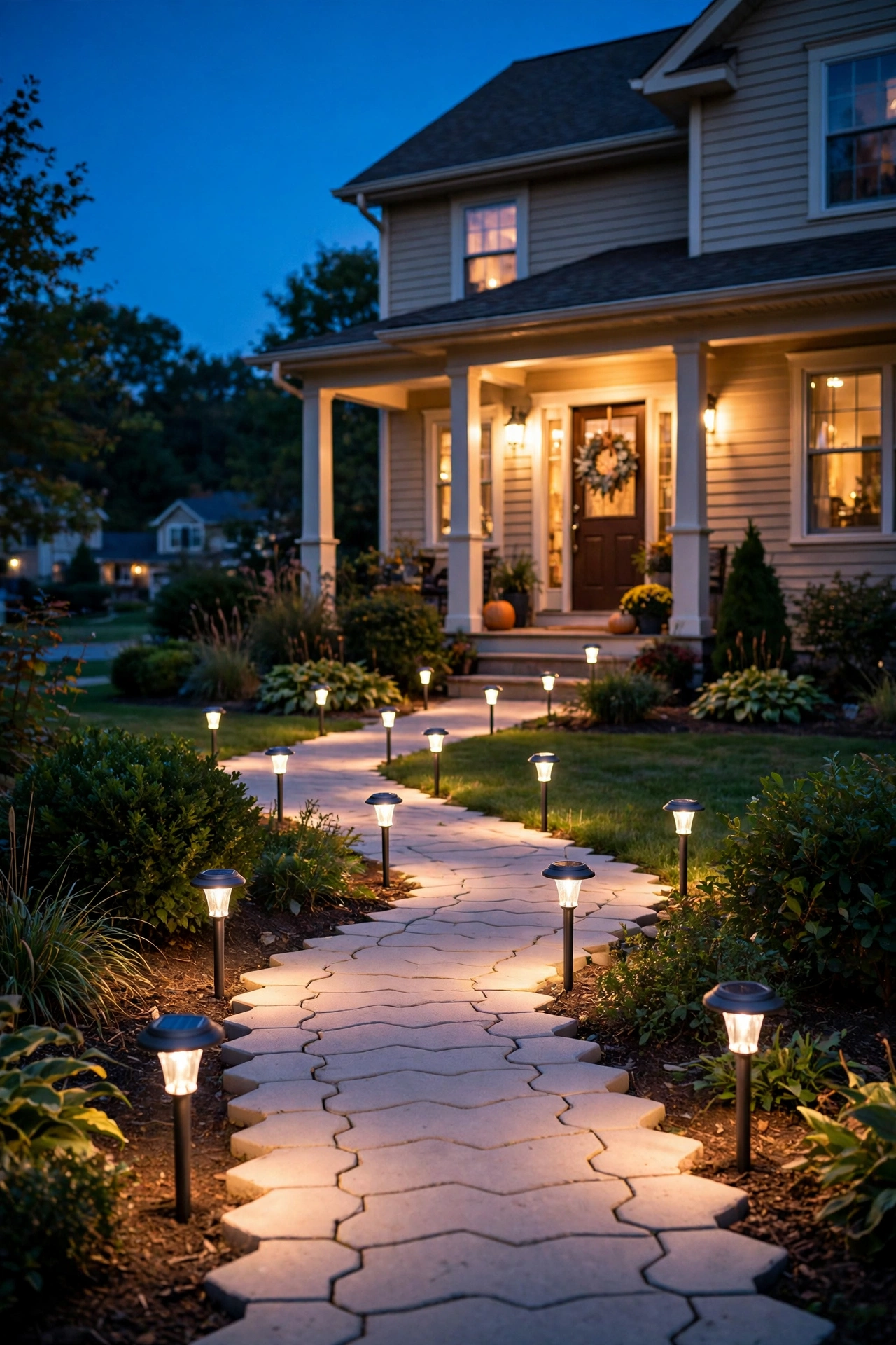Solar path stakes glowing warm along a front walkway to the entry at dusk
