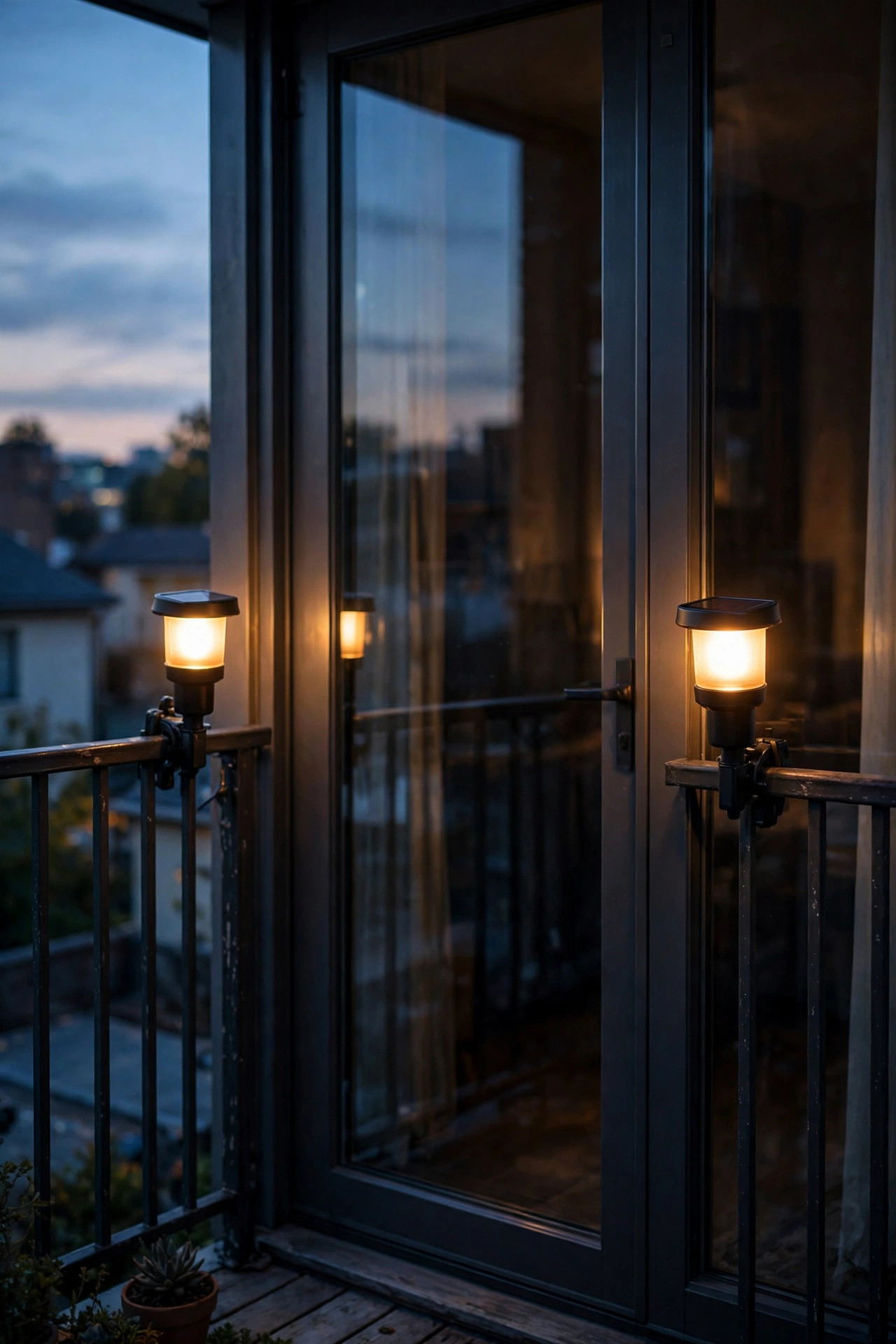 Pair of small solar sconces clamped to a balcony railing on both sides of a glass door glowing warmly