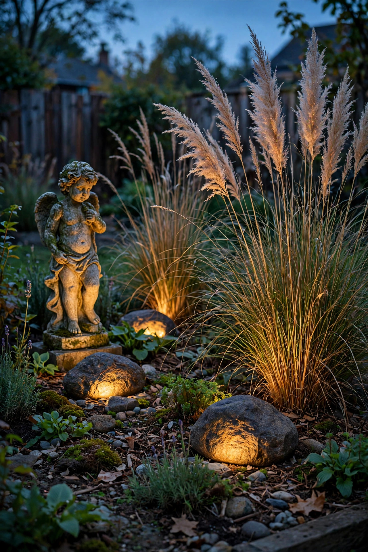 Solar rock lights hidden in a backyard garden bed uplighting ornamental grasses and a stone statue at dusk