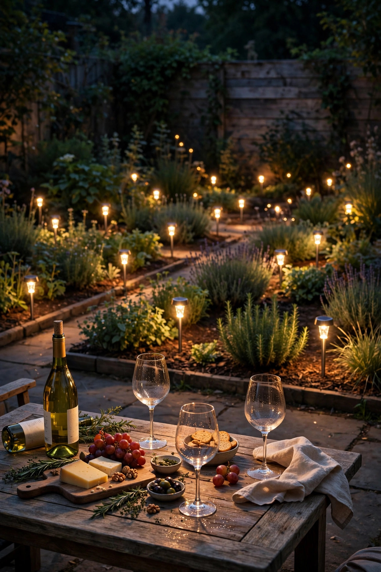 Warm solar stake lights dotted through garden beds beyond a patio wine tasting table at night