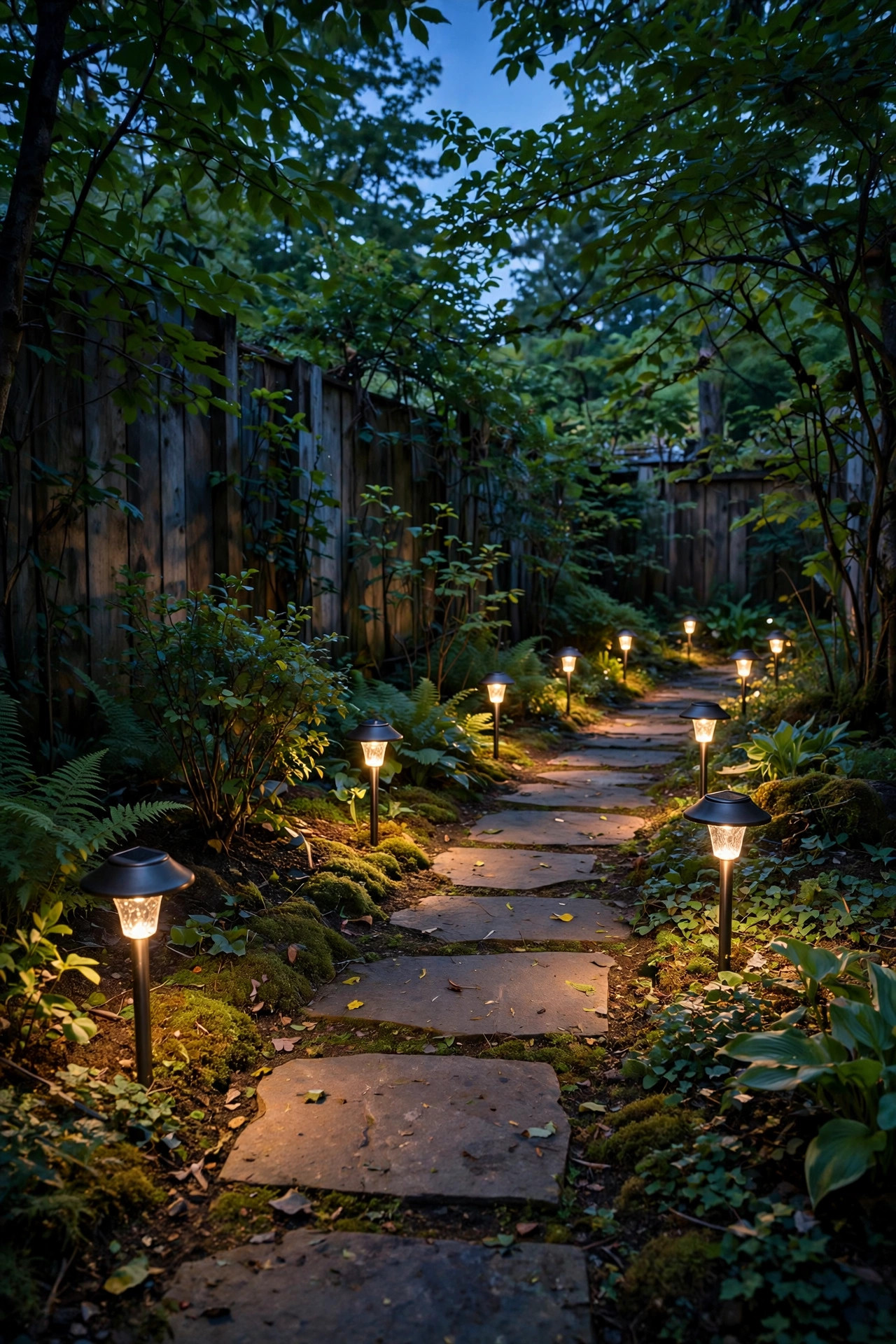 Handcrafted bamboo look solar stake lights glowing amber along a backyard planting bed at dusk