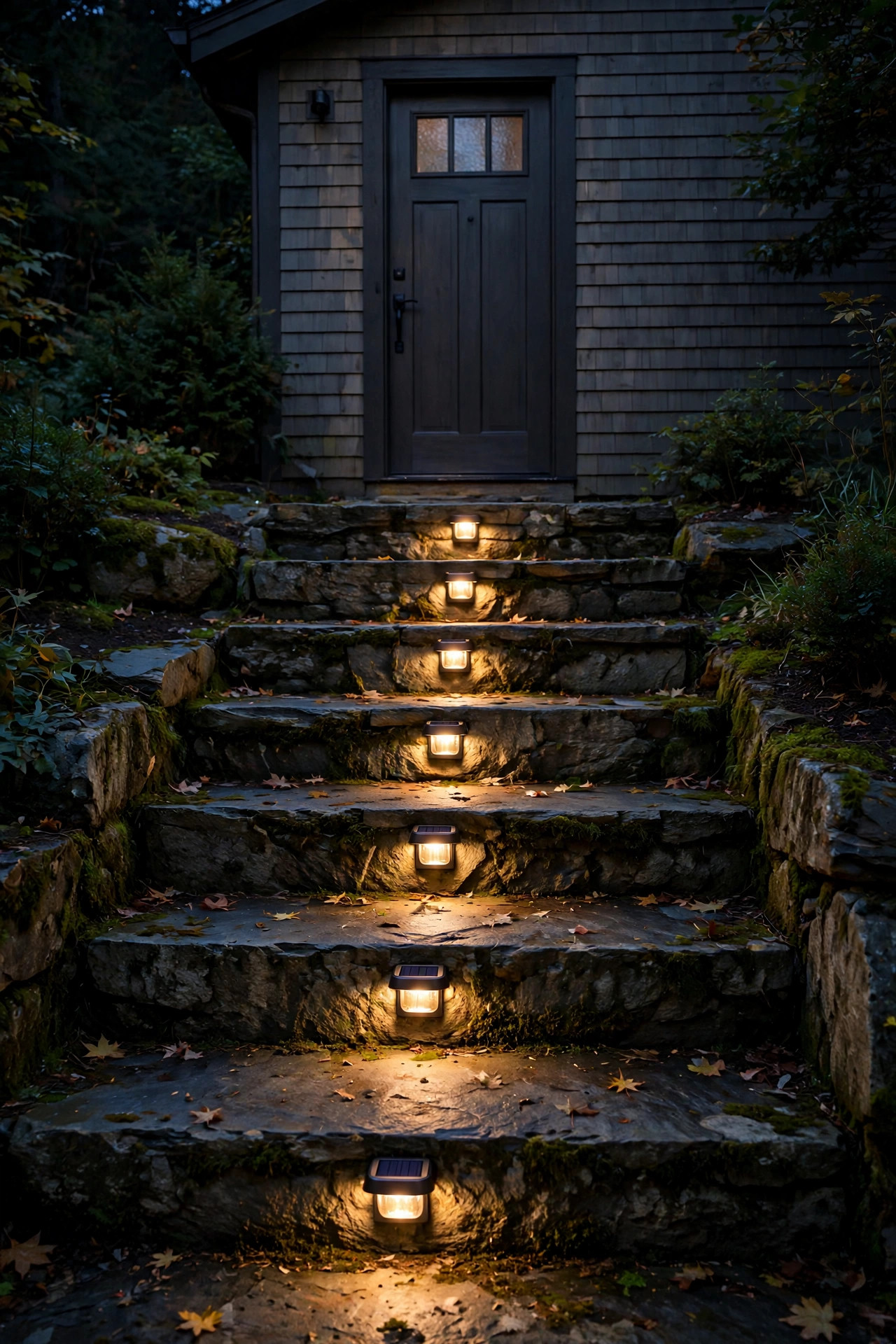 Solar step lights illuminating the treads of stone steps leading to a detached garage side door at night