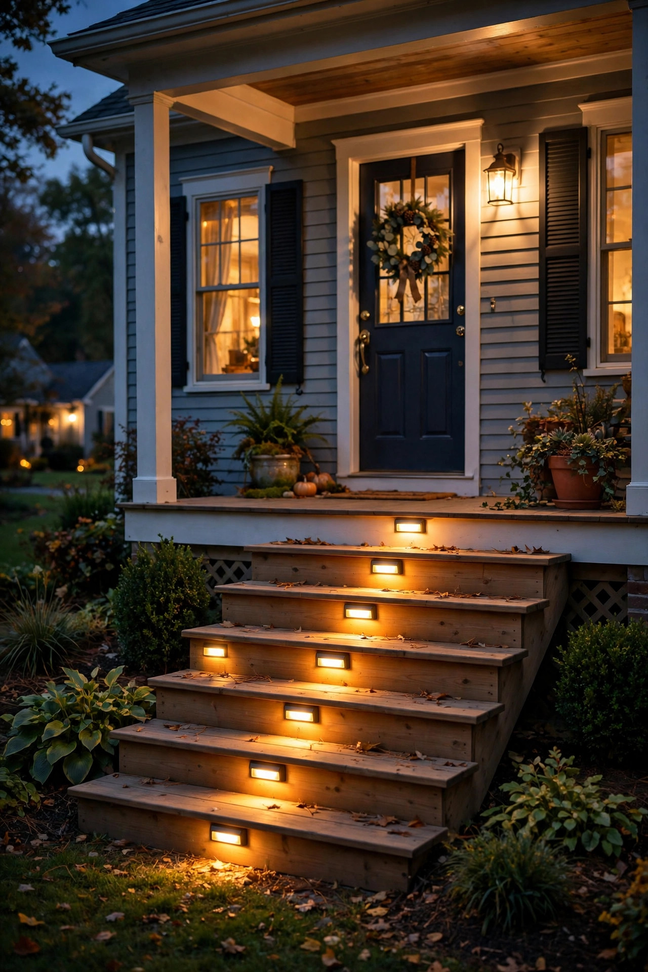 Solar step lights glowing on the risers of open porch steps at night