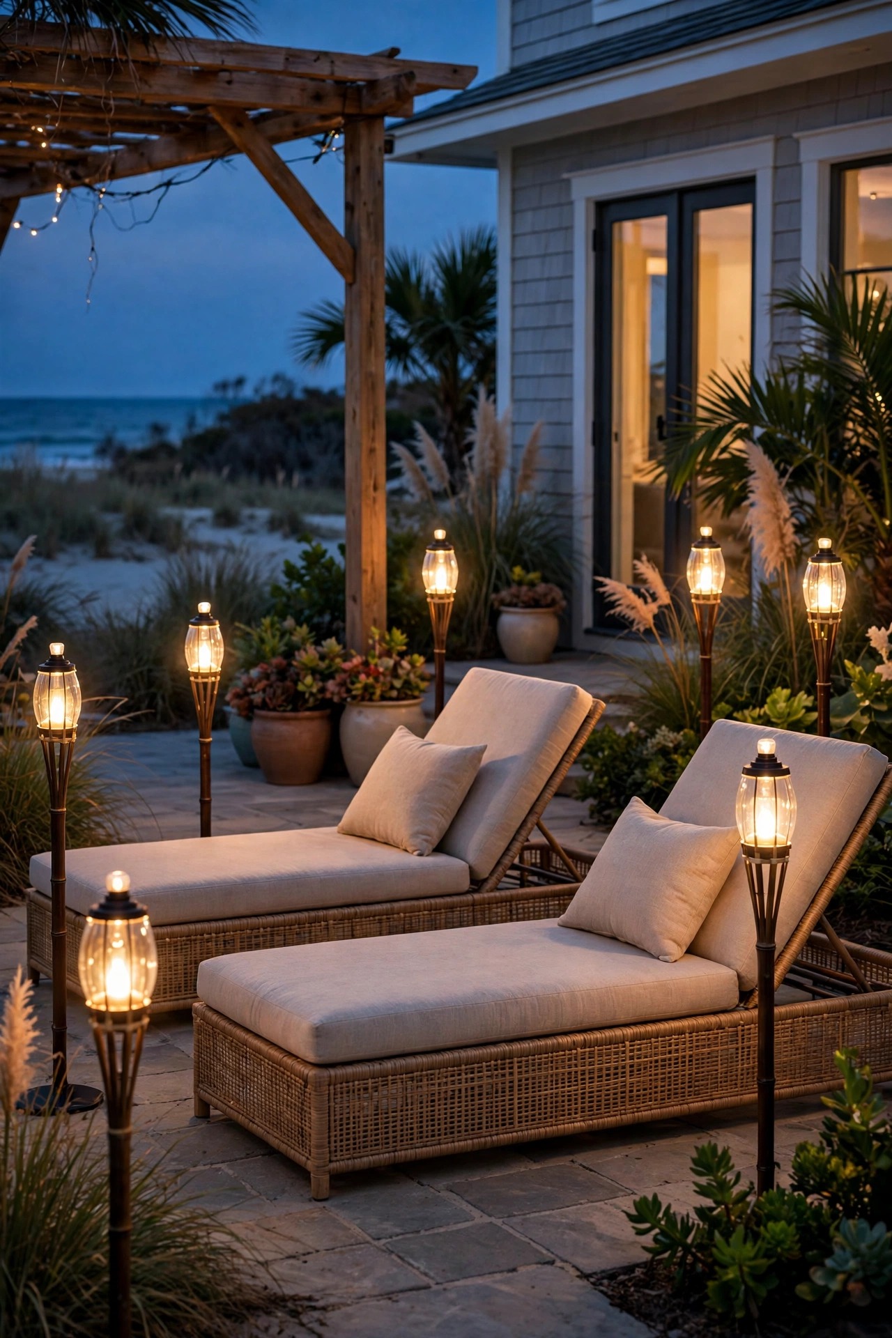 Flameless solar tiki torches flickering around beach house patio lounge chairs at dusk