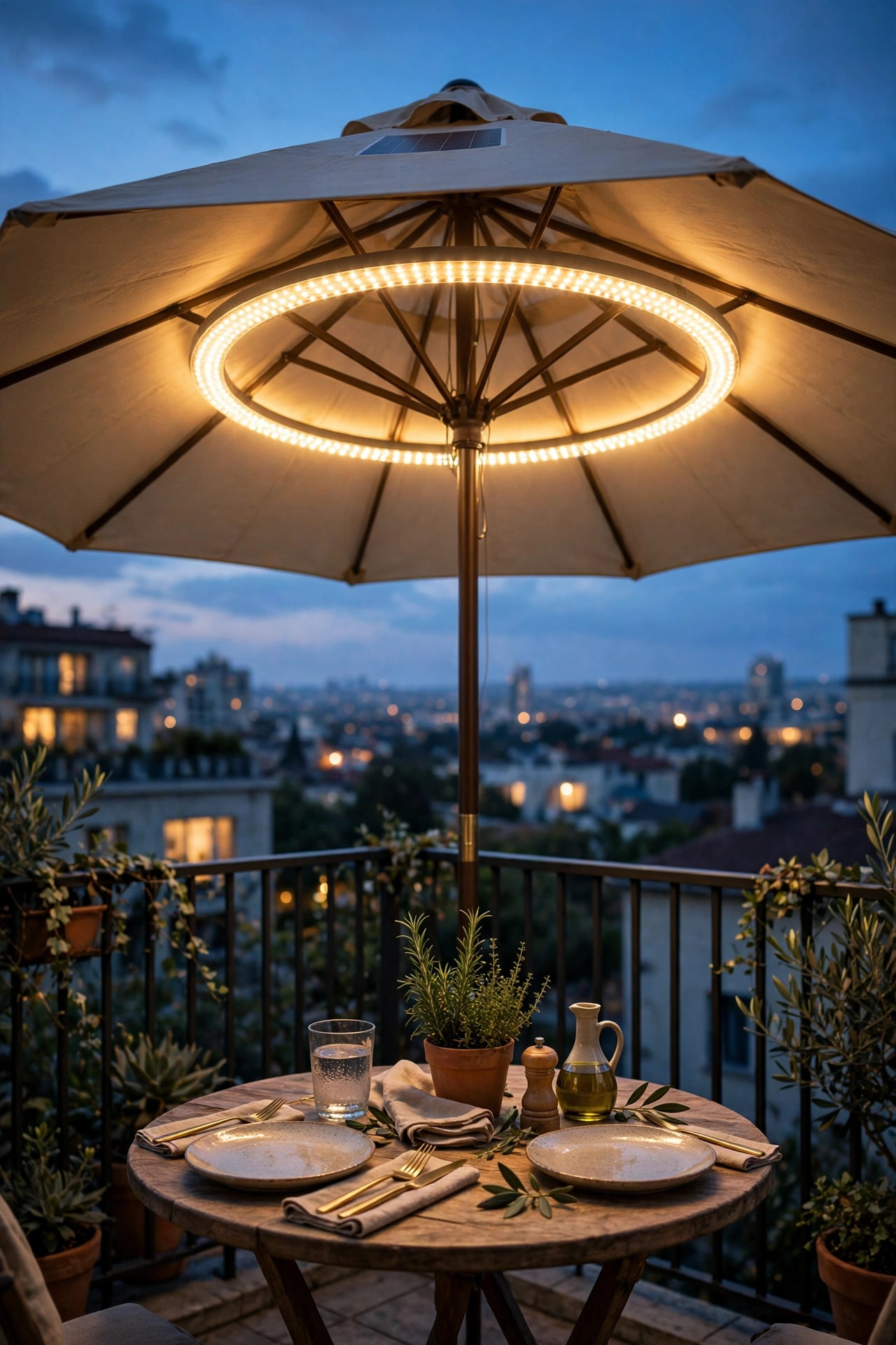 Solar light ring glowing inside a balcony patio umbrella over a small dinner table at dusk