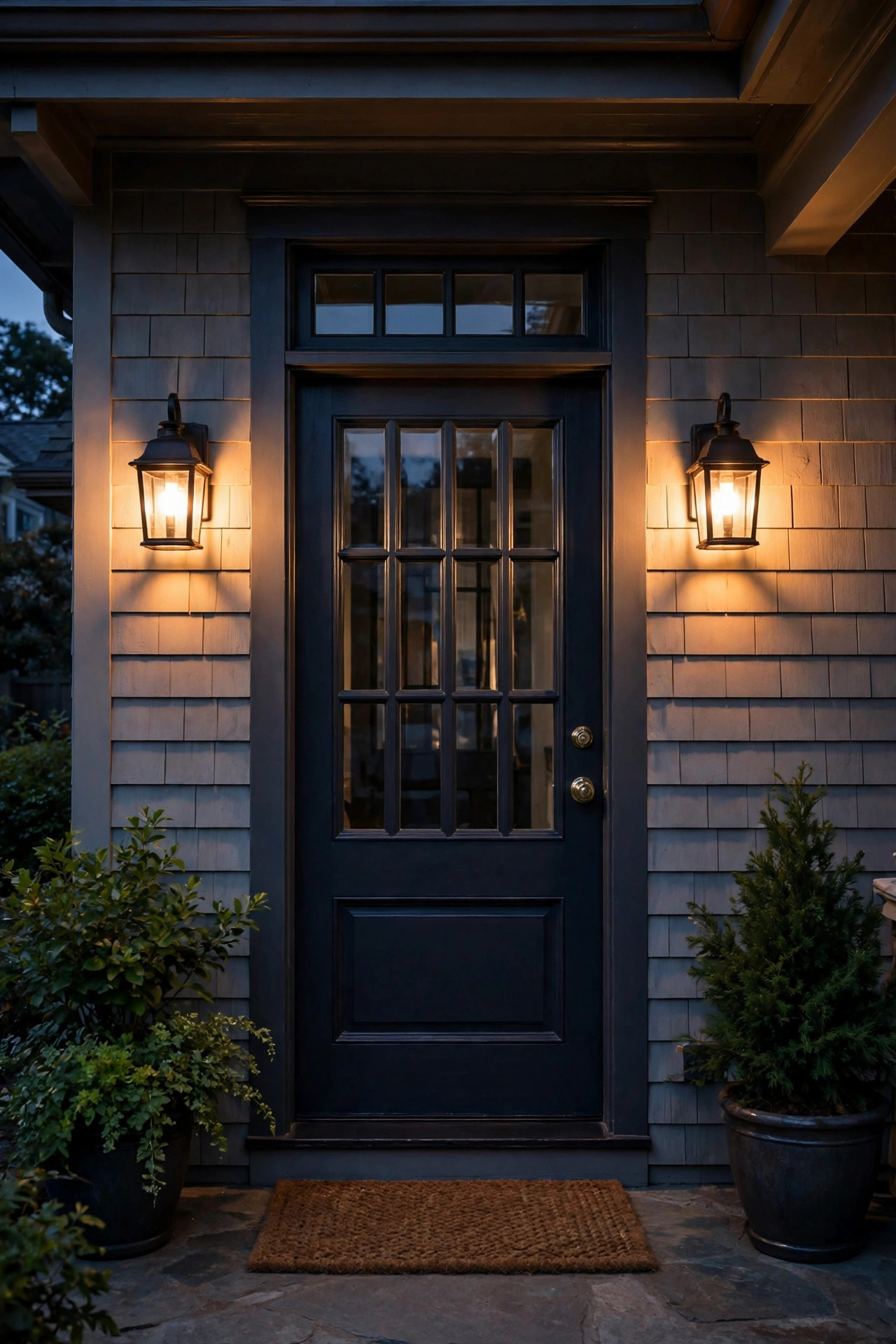 Matching pair of warm wall sconces flanking a front door lighting the whole entry evenly