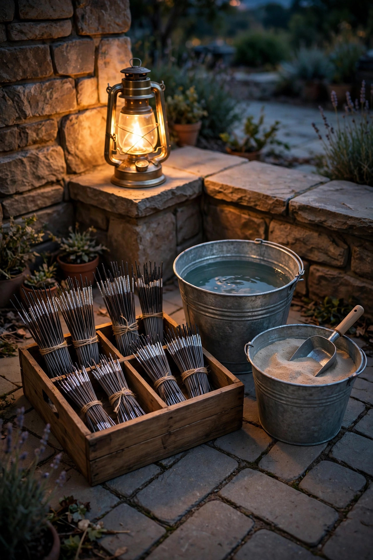Organized sparkler station on a paved patio corner with a bright lantern, metal water bucket and sand bucket at dusk