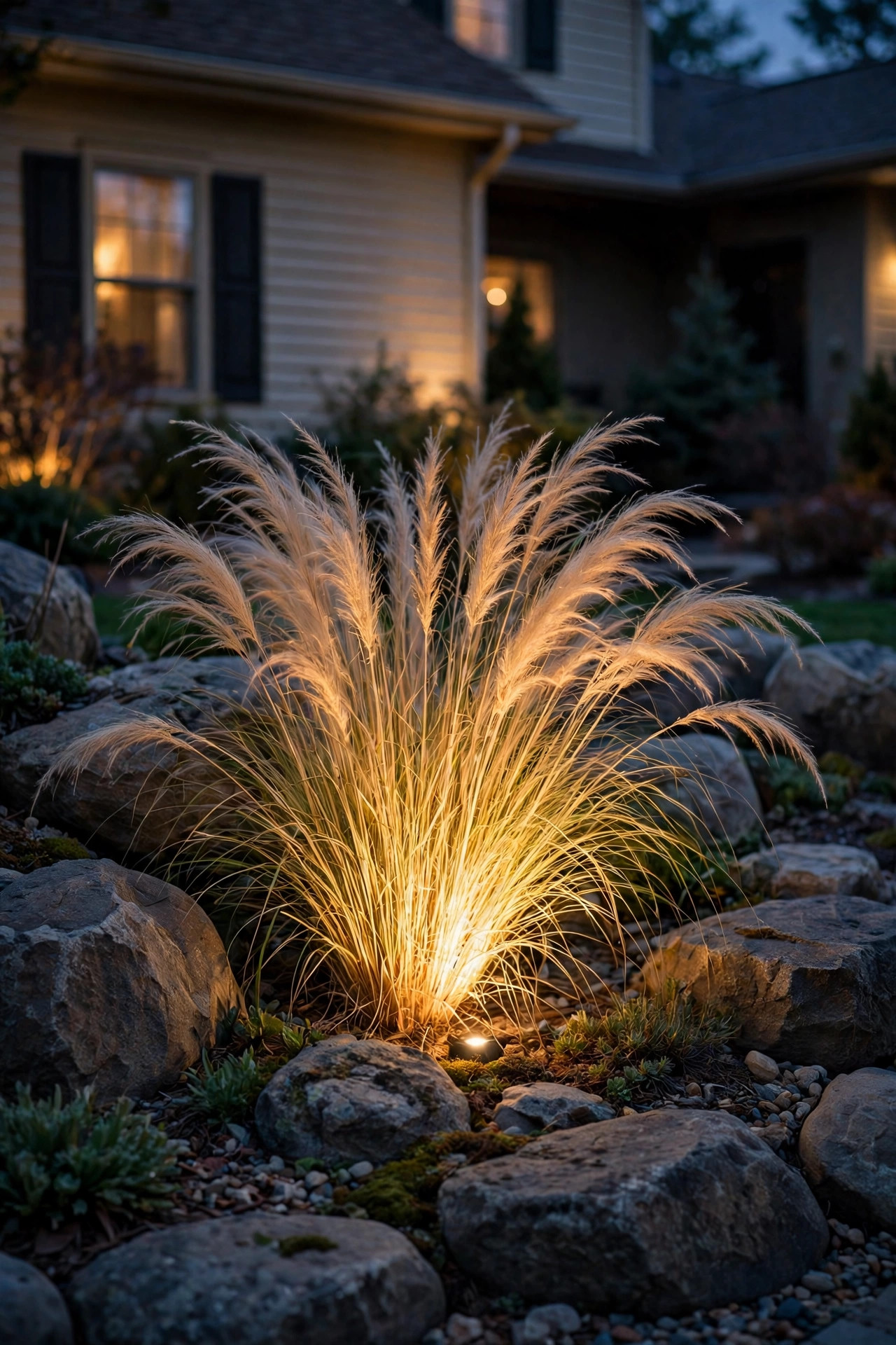 Ornamental grass glowing like a lantern under a soft spotlight surrounded by boulders in a rock garden