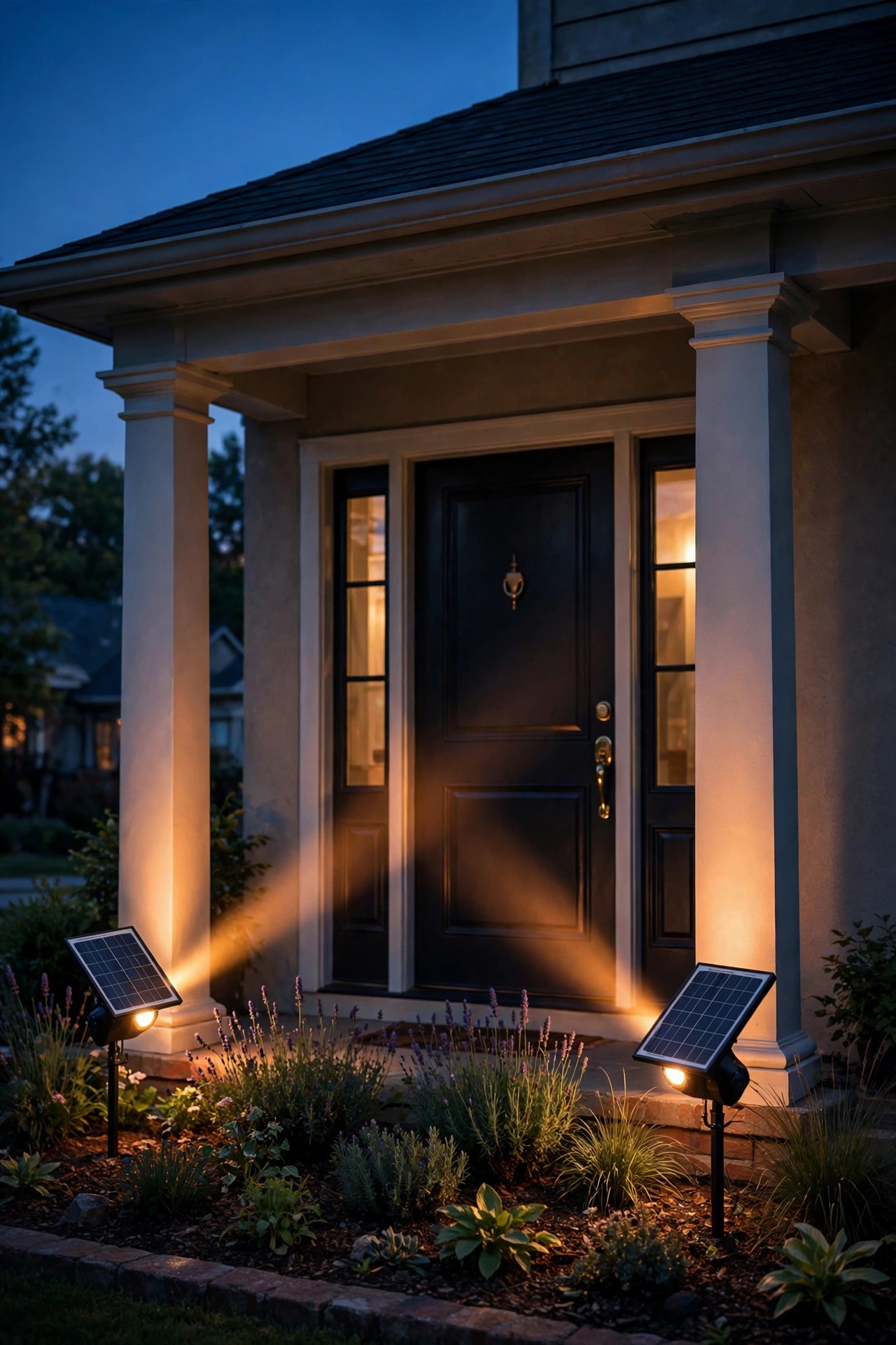 Two solar spotlights in a flower bed cross lighting a front door and porch columns with warm uplight at dusk, tilting solar panels visible
