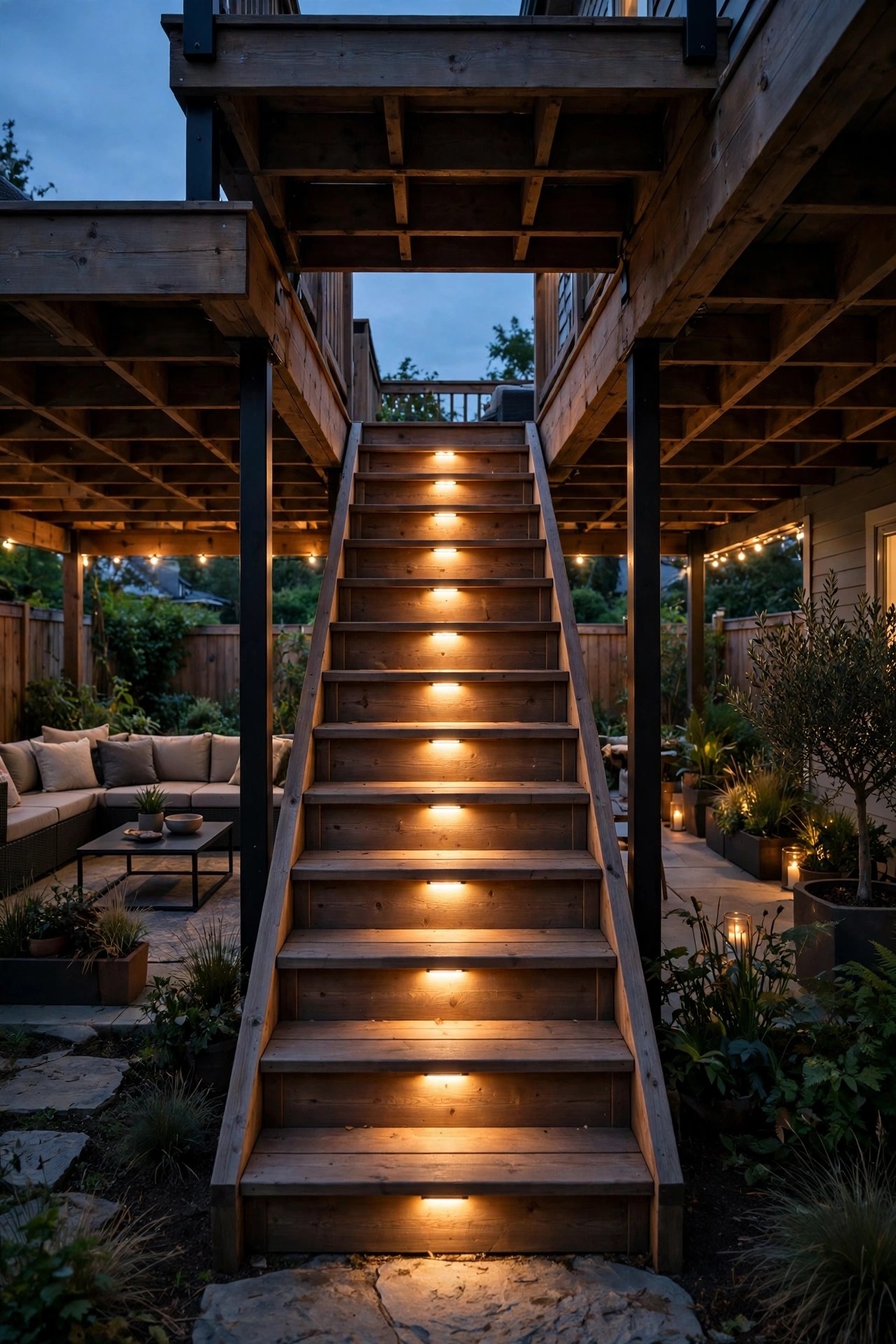 Warm step lights glowing on each tread of the stairs leading down to an under-deck patio