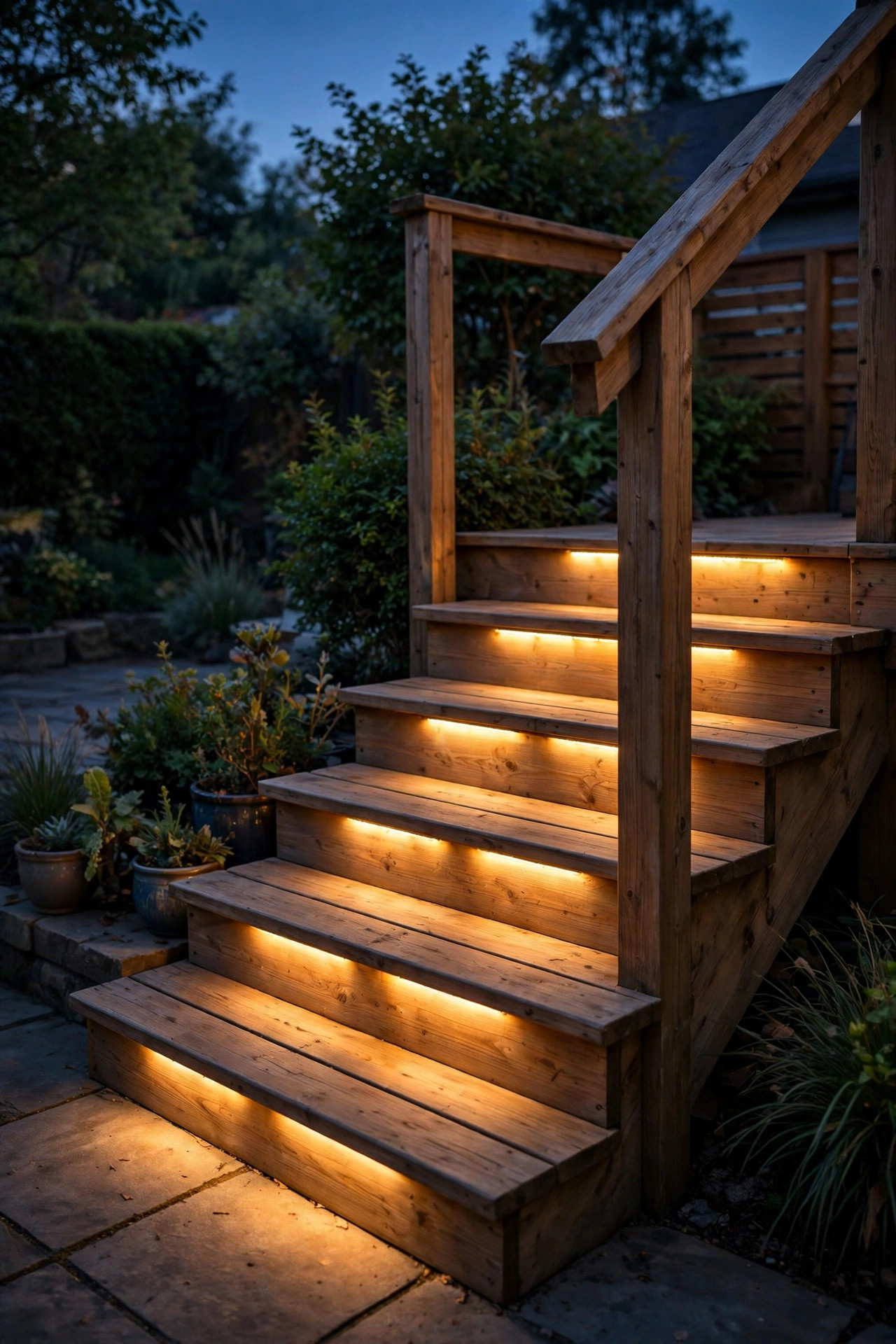 Warm LED step lights illuminating wooden deck steps and a handrail at night in a backyard