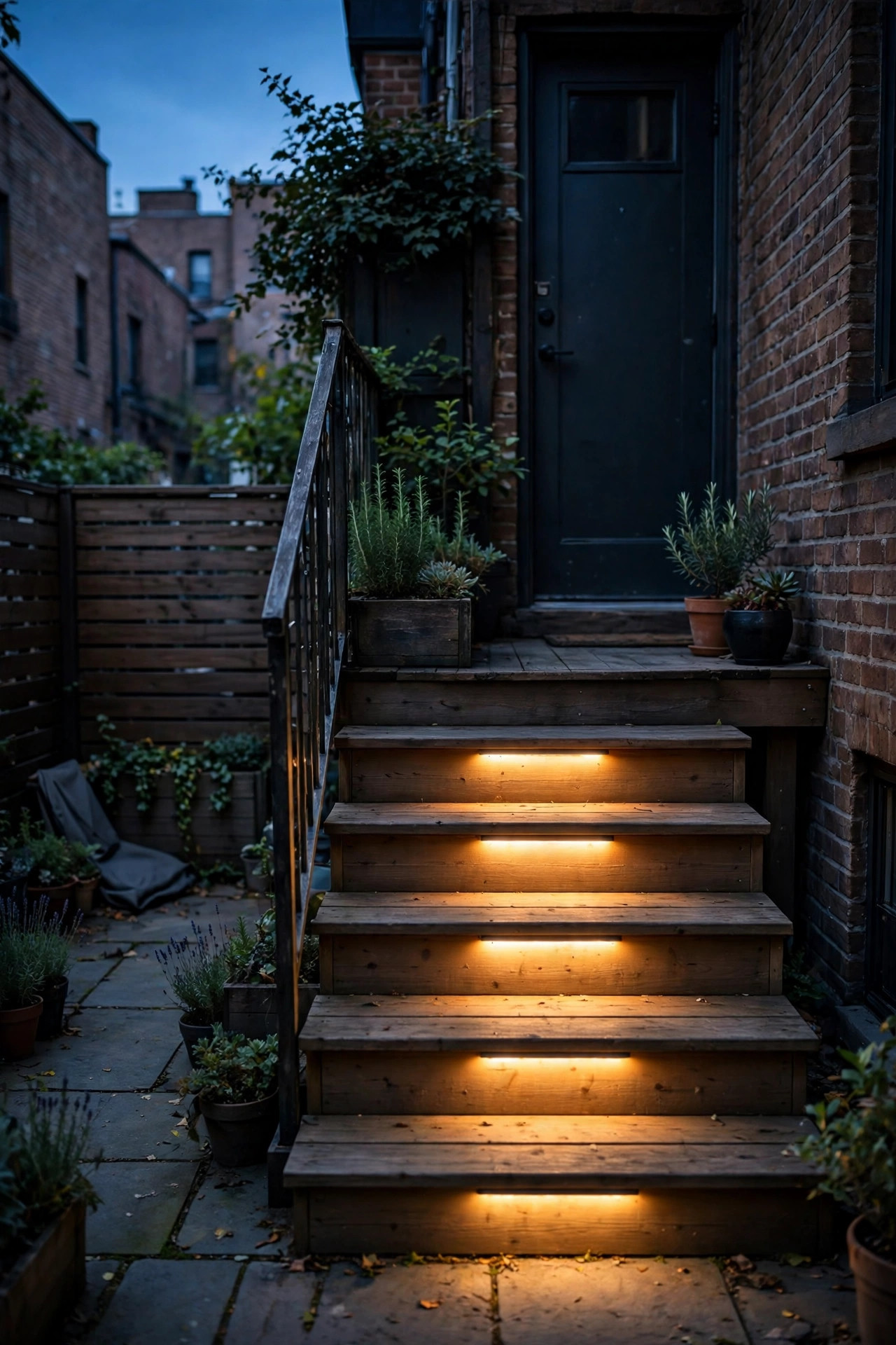 Small deck steps and stoop in a city backyard at dusk with slim step lights glowing on each riser