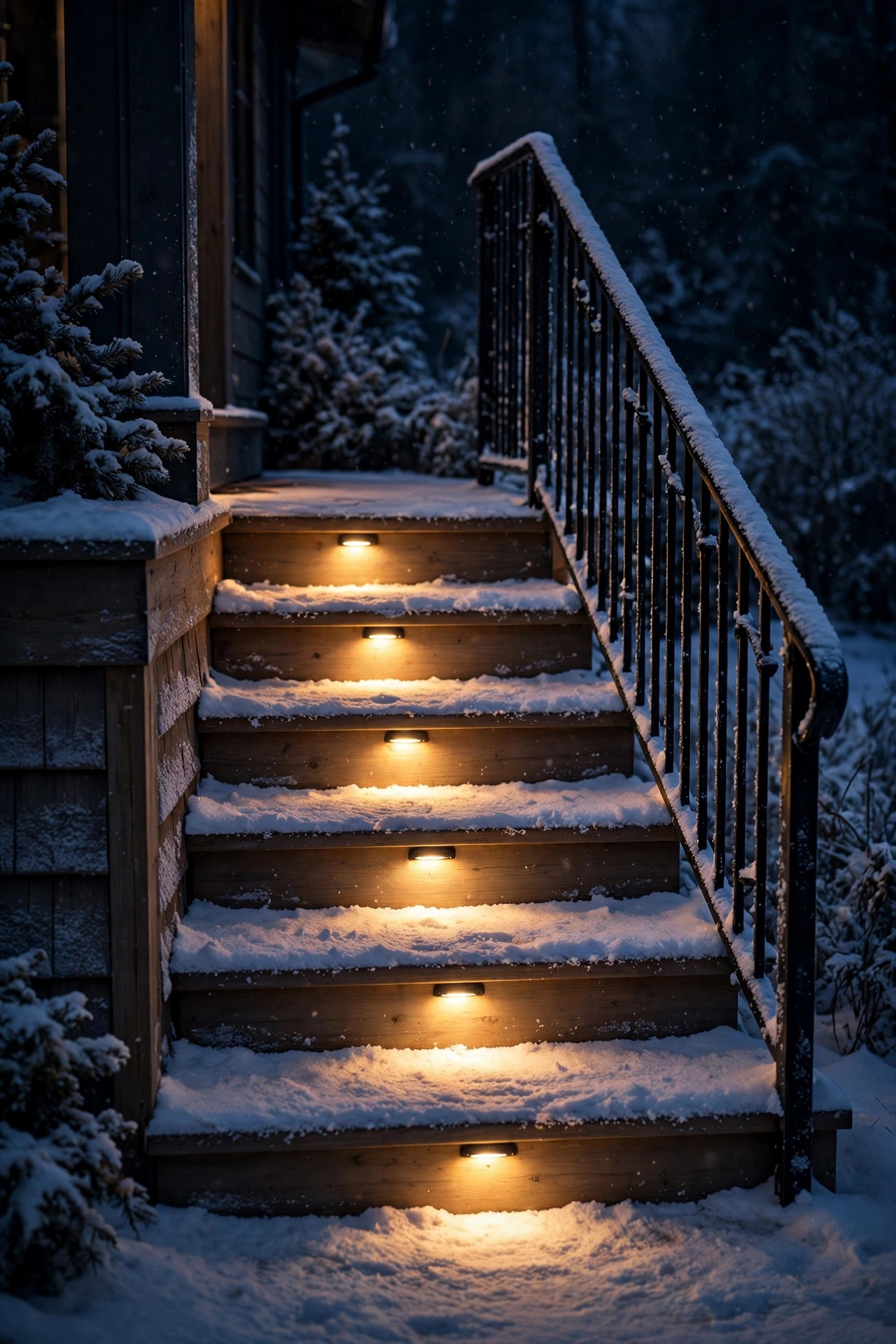 Warm step lights glowing on wooden deck steps between a kitchen door and a grill station at night
