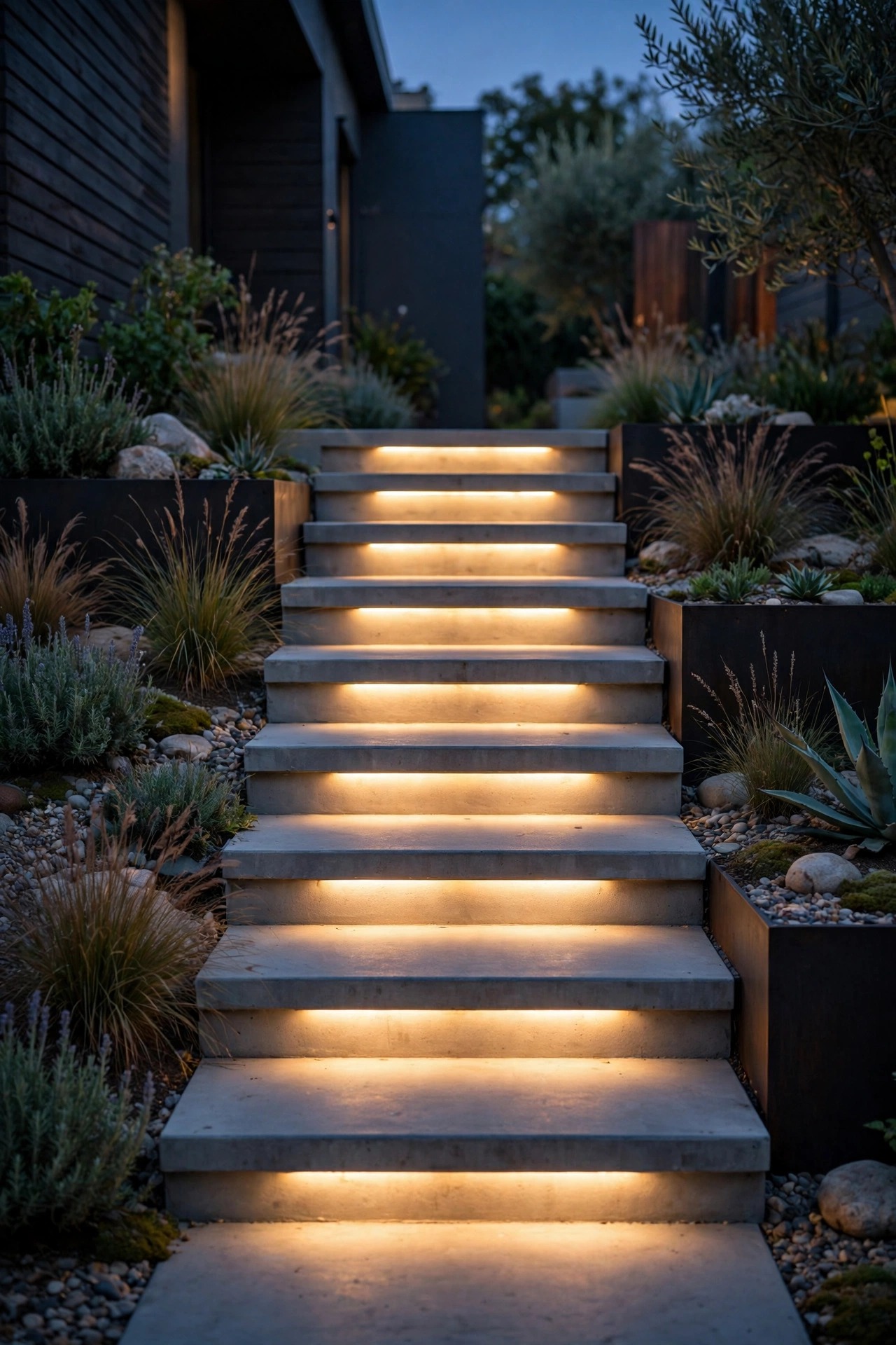 Recessed riser lights washing modern garden steps with soft warm light at dusk