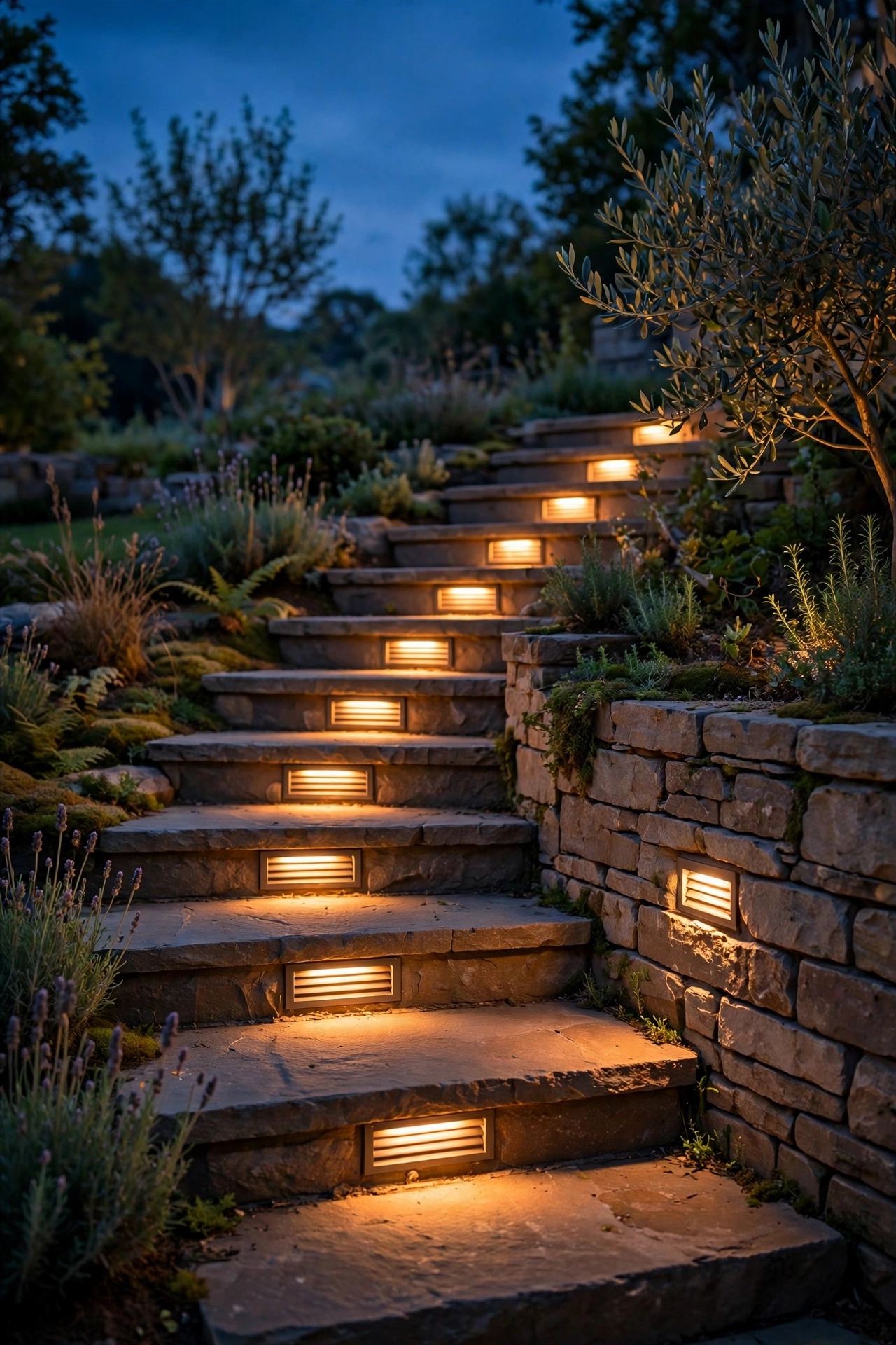 Stone garden steps and a low retaining wall at night lit by recessed louvered lights washing warm light down each tread