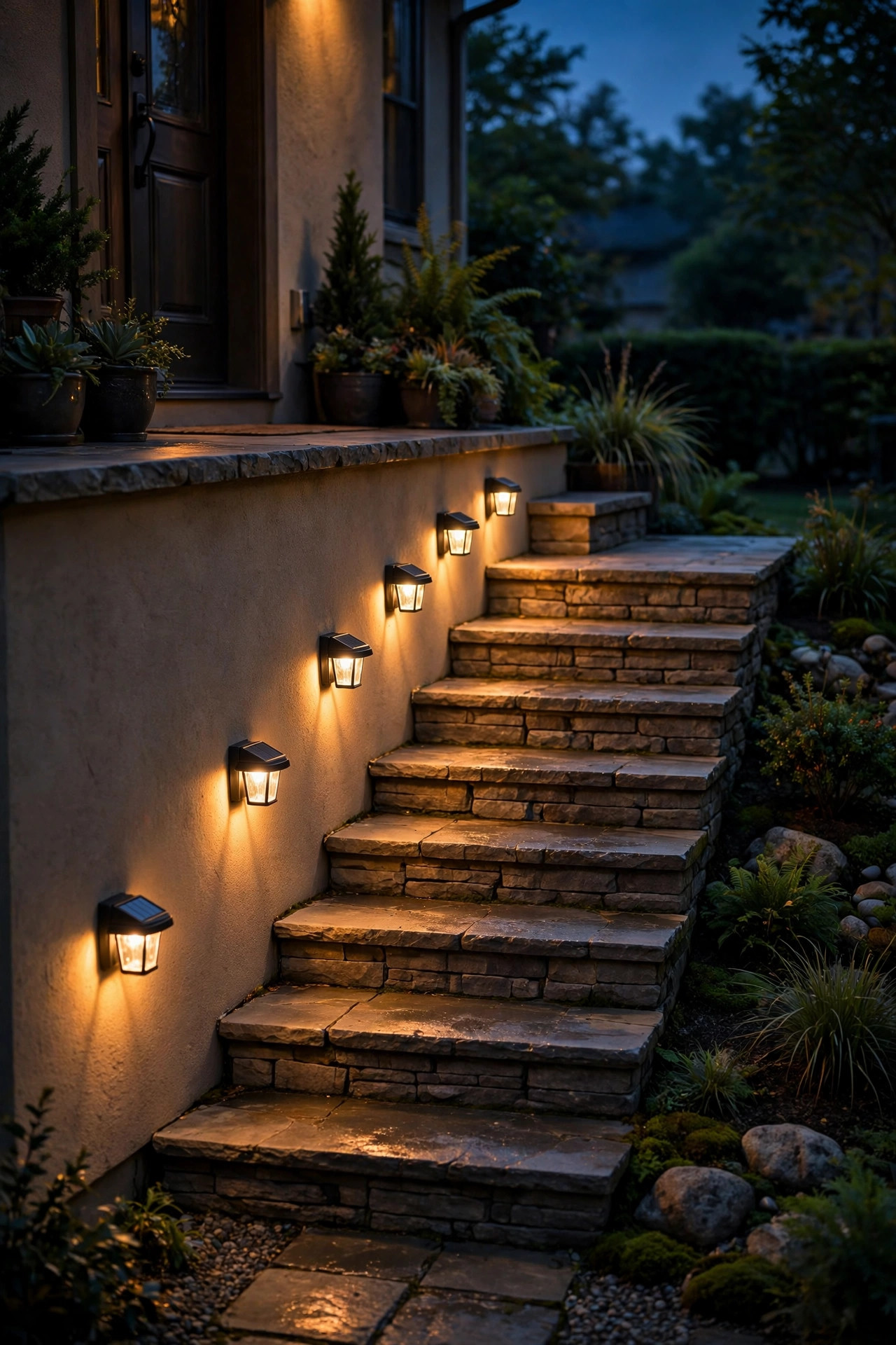 Row of small solar wall sconces lighting porch steps warmly at night