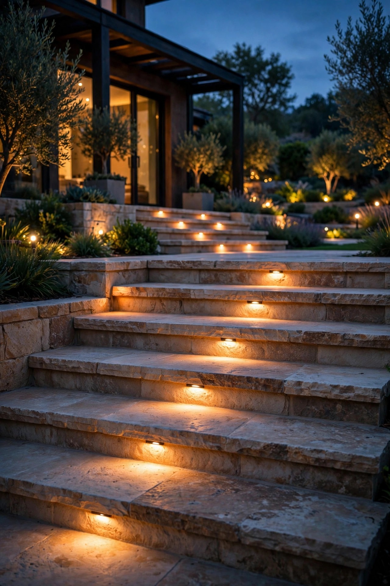 Recessed step lights washing warm light across wide natural stone terrace steps of a luxury home at dusk, with soft garden lighting beyond