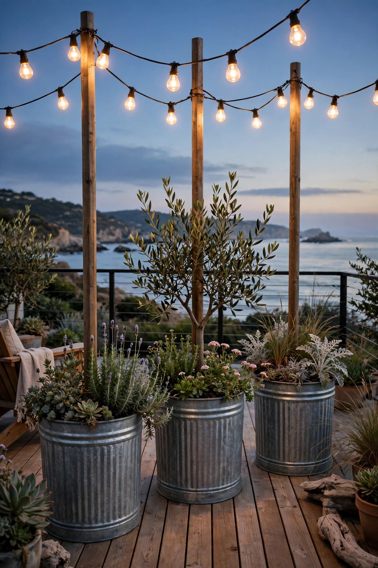 String lights hanging from poles set in galvanized planters on a coastal patio