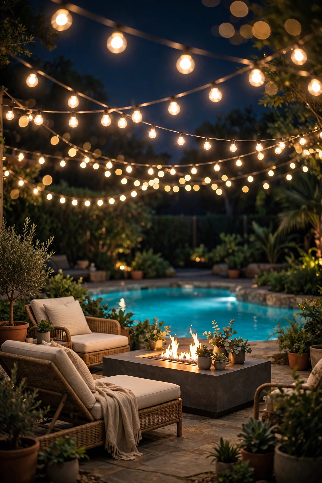 Warm string lights draped over a pool deck seating area with the glowing pool beyond at night