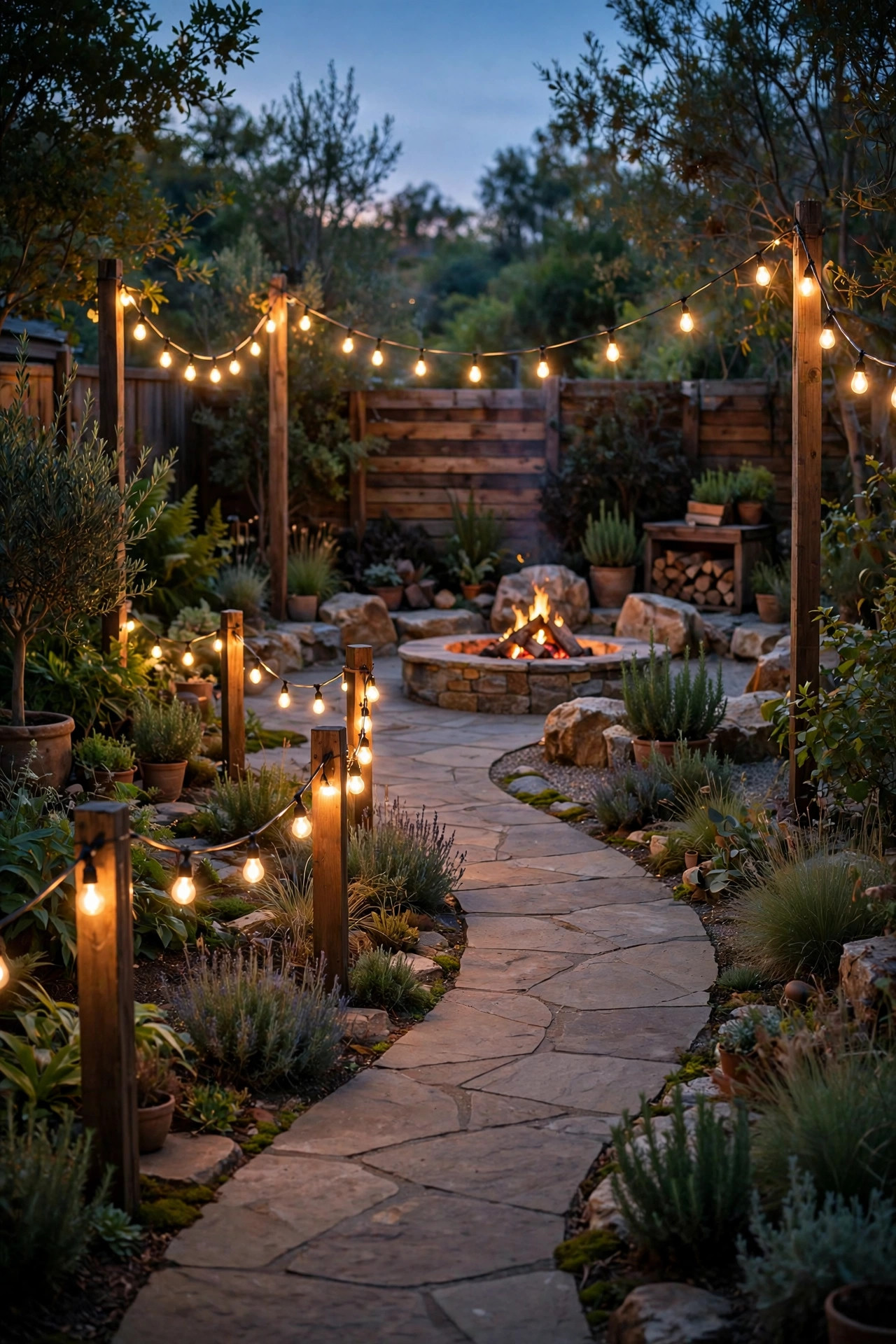 Warm string lights draped between short posts following a curved backyard walkway to a fire pit area
