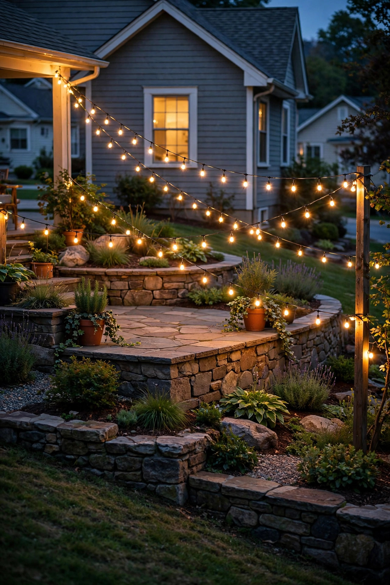 String lights zigzagged across a terraced landing on a sloped front yard at twilight