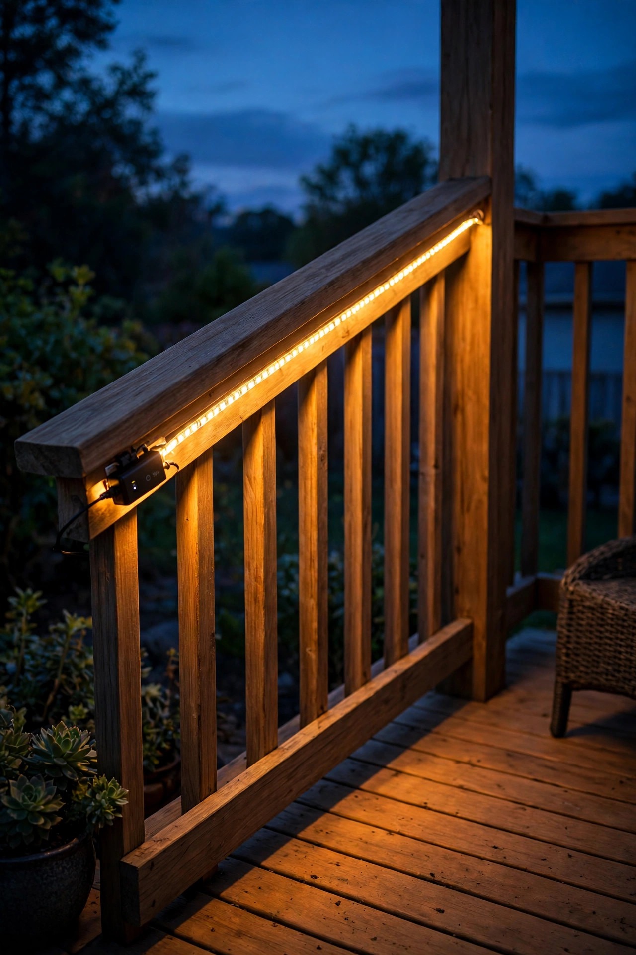 Battery powered LED strip glowing in a continuous ribbon under a deck handrail at dusk