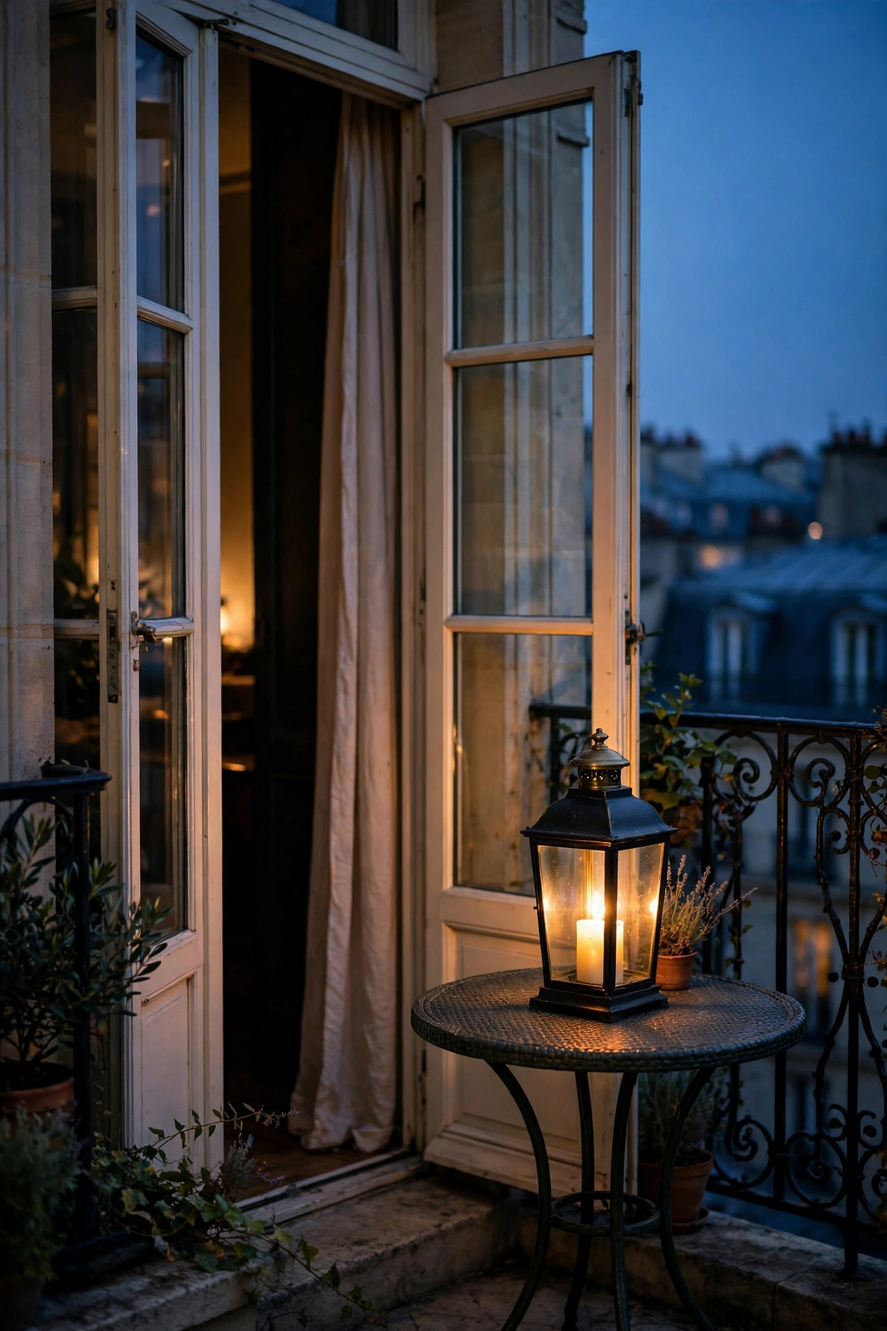 Single elegant lantern with a candle-style LED glowing on a small bistro table beside open French doors at dusk