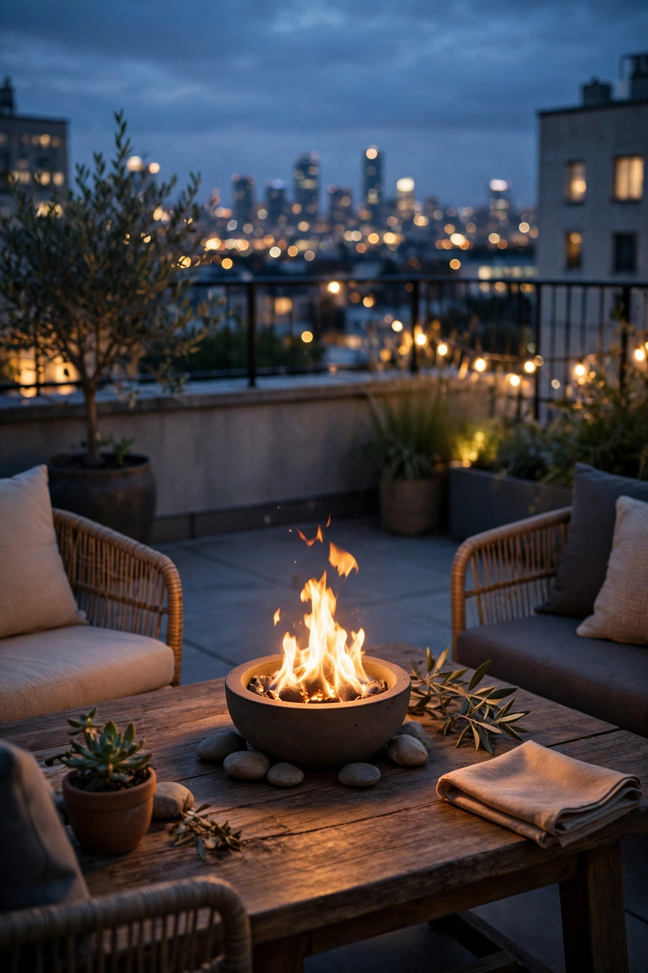 Small tabletop fire bowl glowing at the center of a rooftop seating area at dusk, warm flame light with city lights beyond