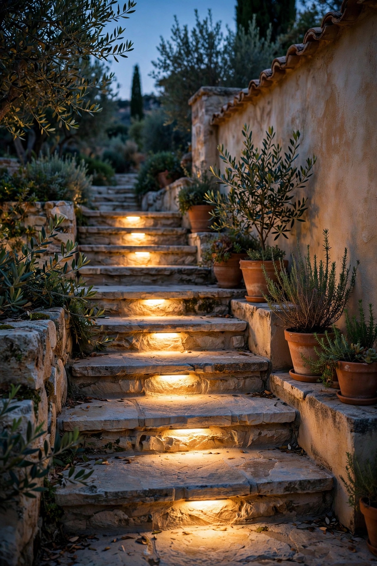 Stone terrace steps with recessed warm step lights glowing on each tread at dusk, Mediterranean garden wall and terracotta pots beside