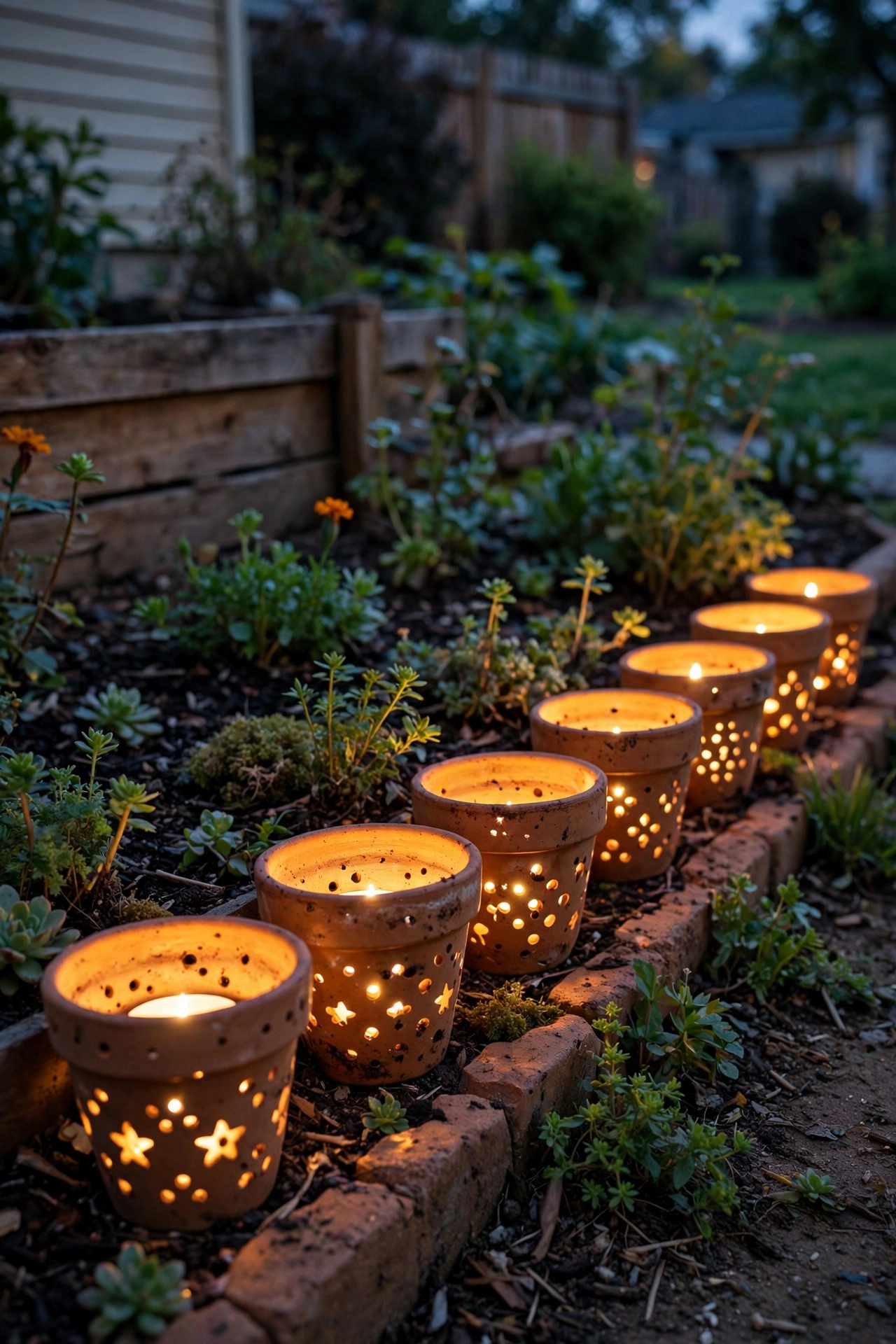 Terra-cotta pots glowing from within with tea lights lined along a garden bed