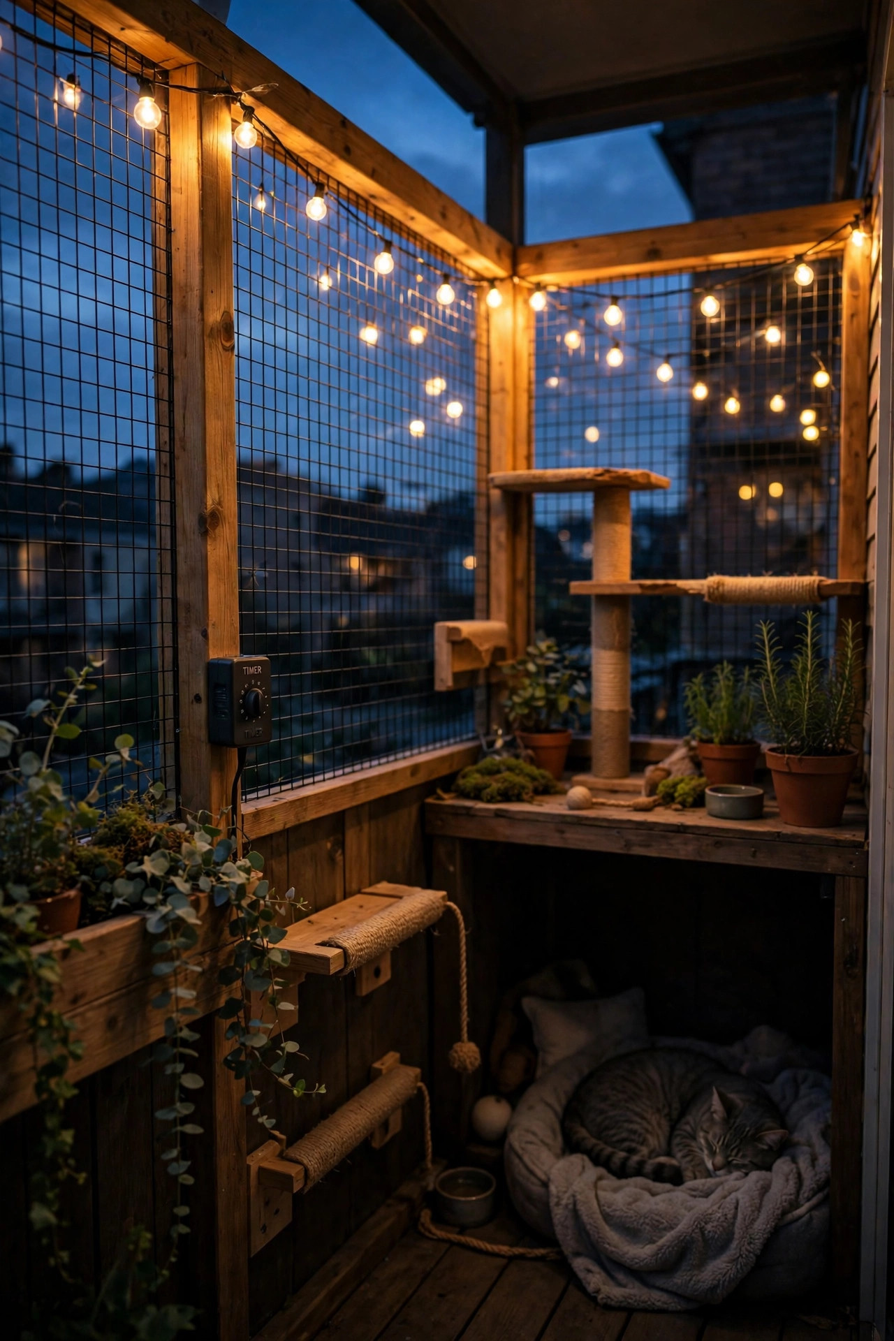Balcony catio lights glowing at dusk on a timer schedule with a dark quiet corner for the cat to sleep