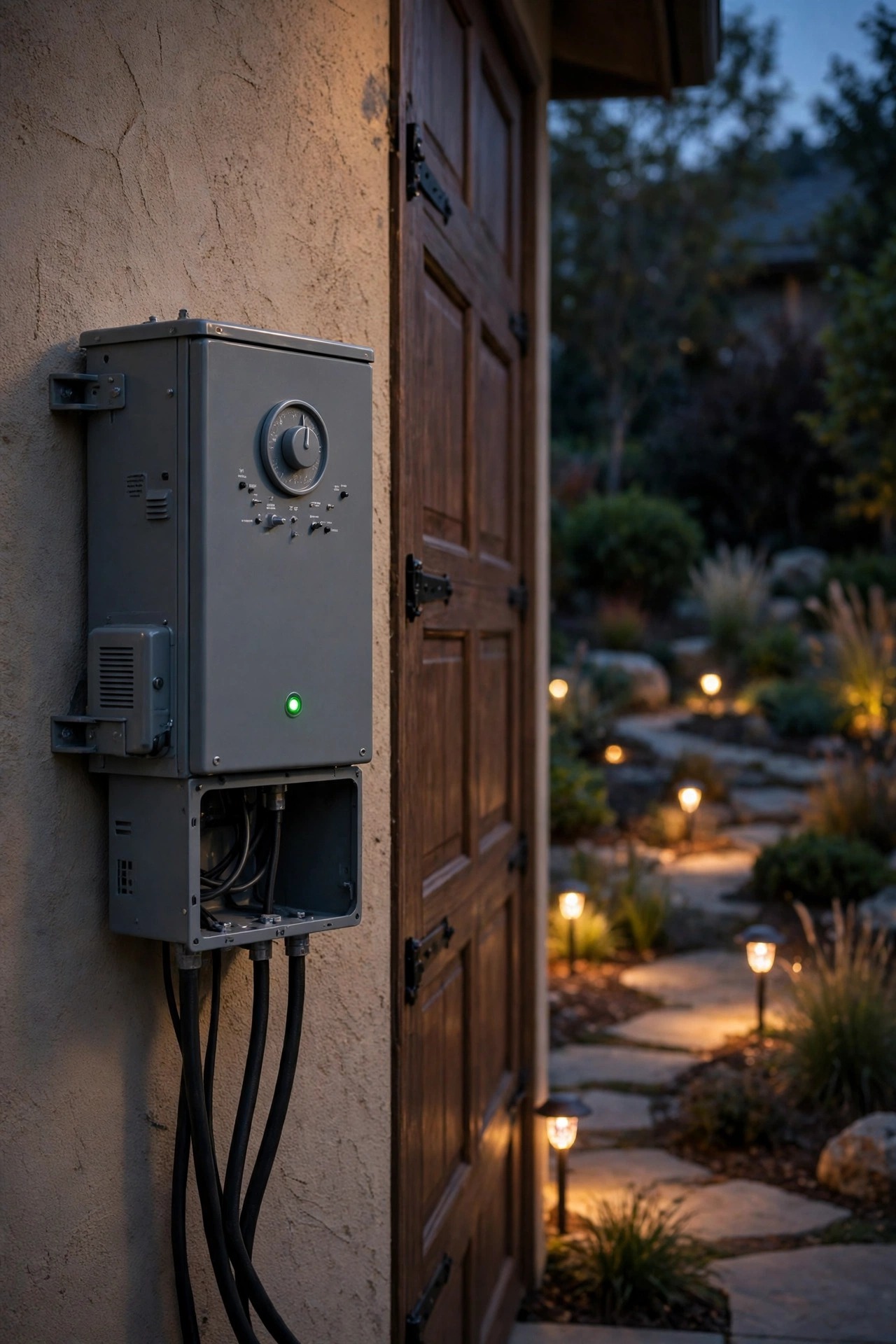 Low-voltage landscape lighting transformer with timer mounted beside a garage at dusk, front yard lights glowing softly in the background
