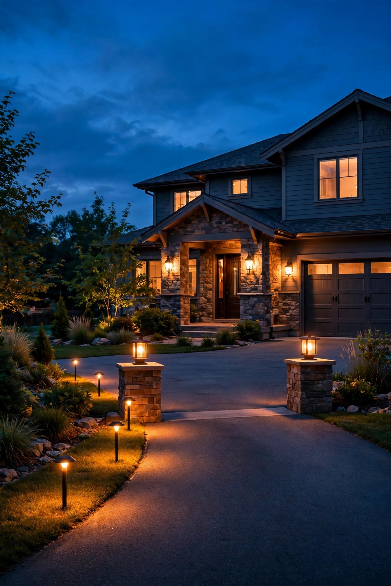 driveway and front yard at early evening with path lights, coach lights and entrance markers all glowing on an automatic dusk schedule