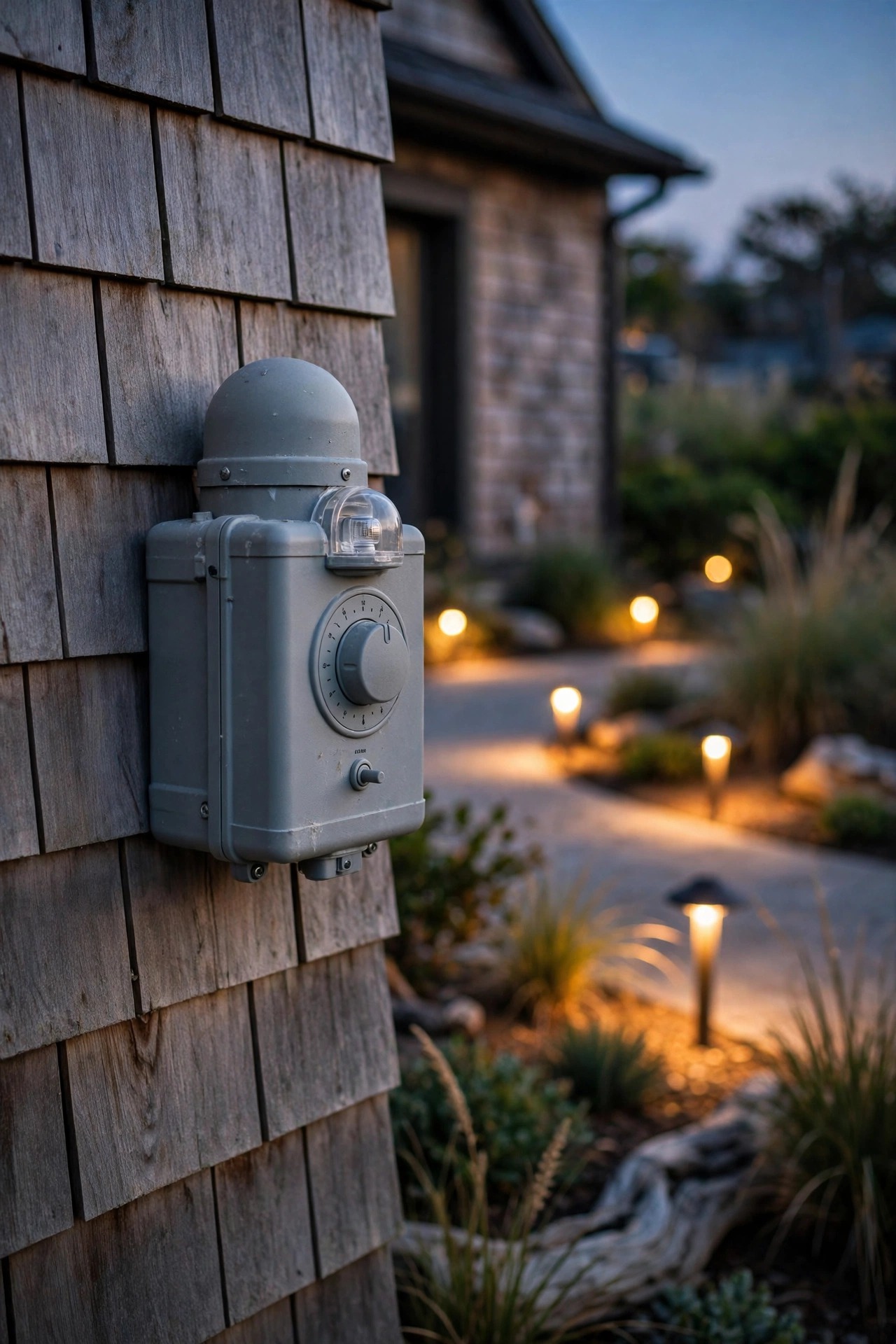 Outdoor lighting timer and photocell control on a coastal home exterior wall with warm driveway lights glowing behind it at dusk