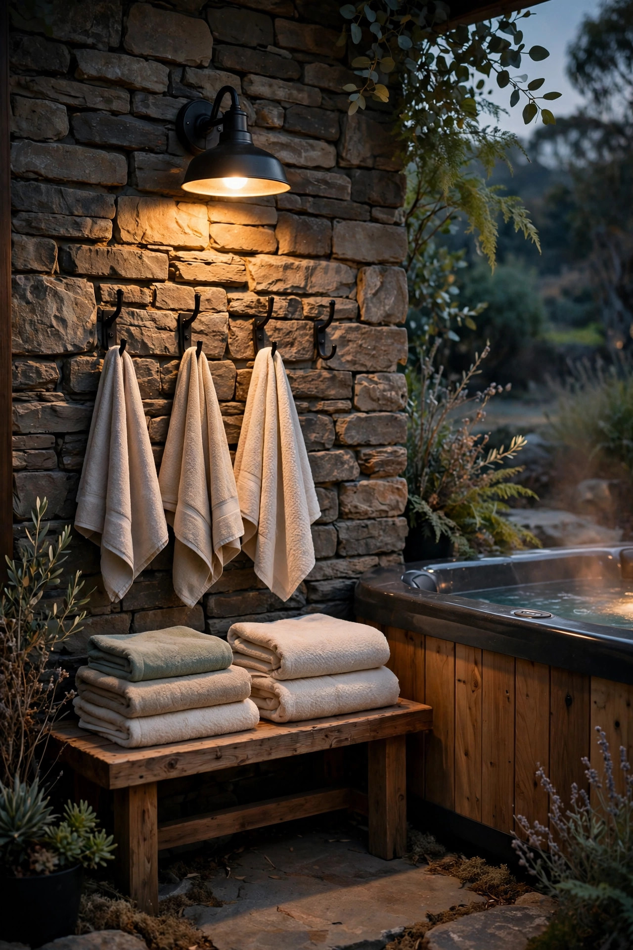 Cozy towel nook beside a hot tub with a warm downward sconce washing the wall above hooks, folded towels and a wooden bench