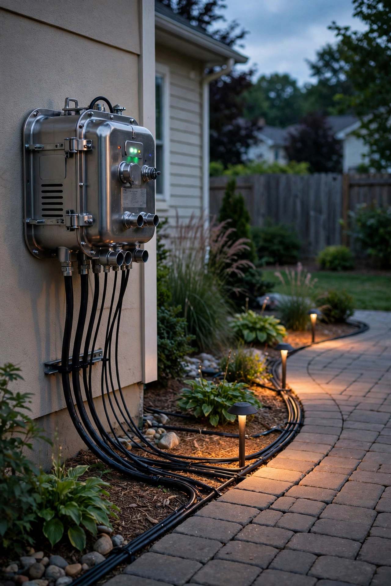 Low-voltage transformer and wiring hub for outdoor paver lights installation