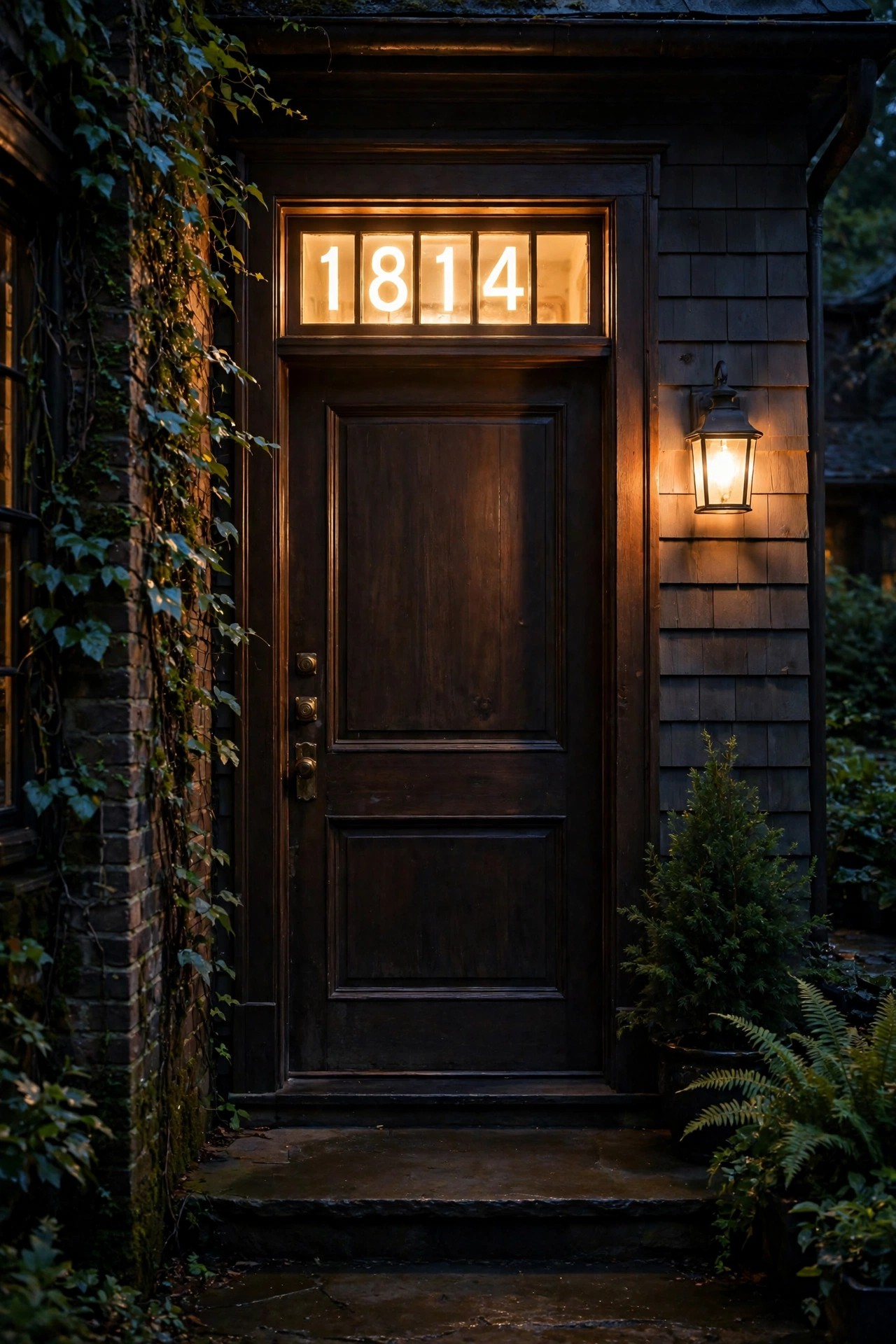 Backlit house numbers glowing in the transom window above a front door at night