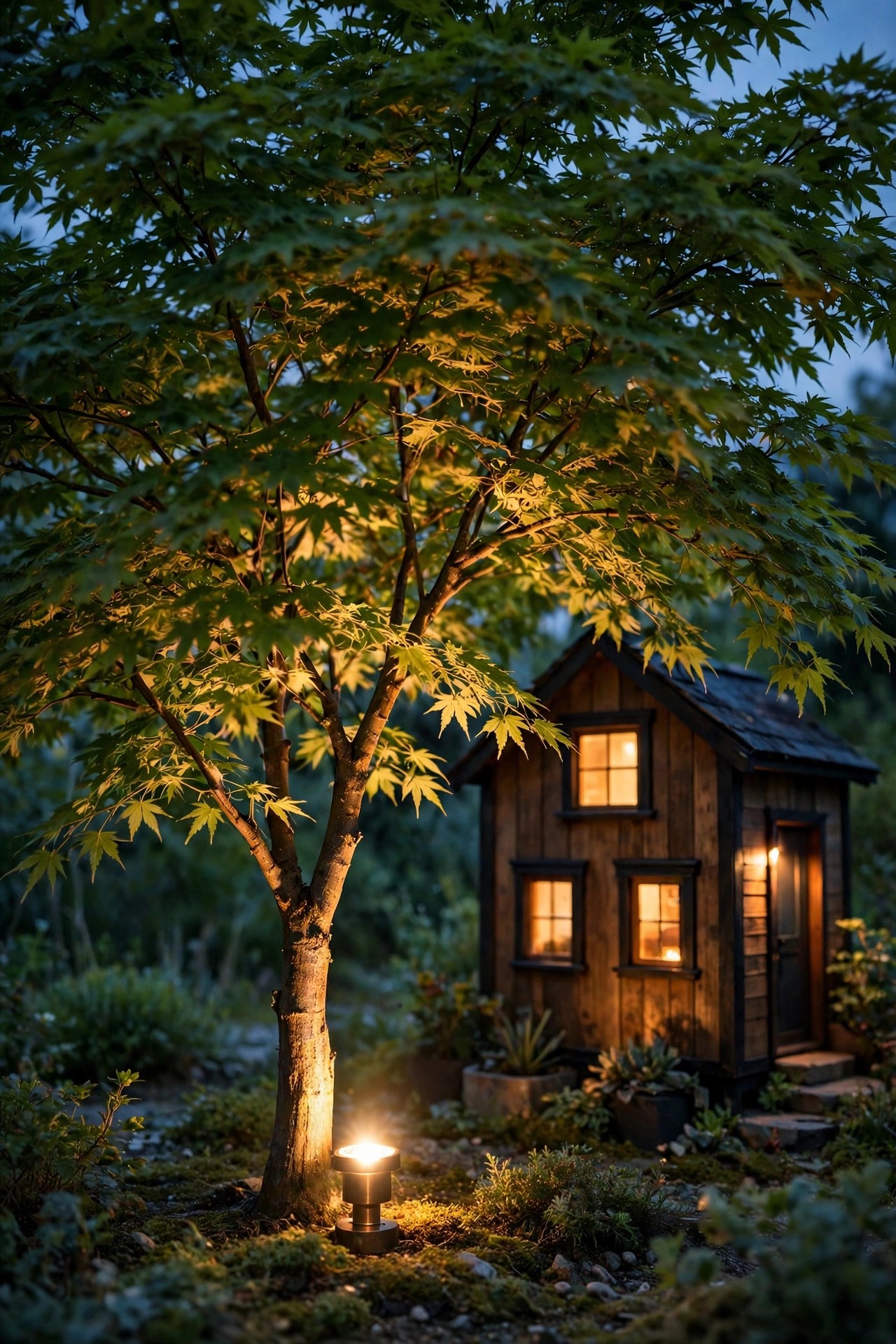 Single uplight at the base of a small ornamental tree beside a tiny house glowing through the leafy canopy at dusk