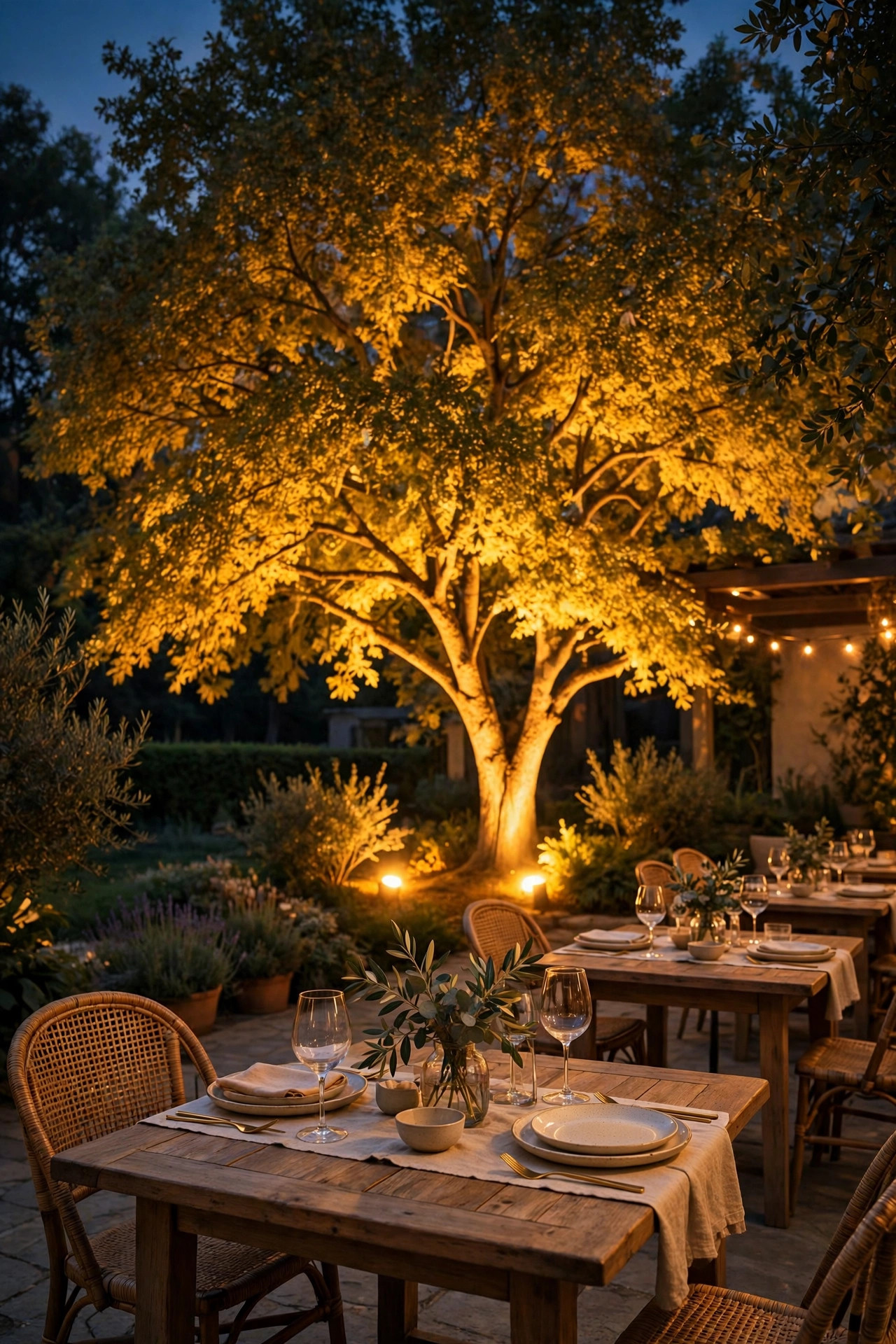 Warm uplights at the base of trees behind a hammock, washing the trunks and canopy in golden light