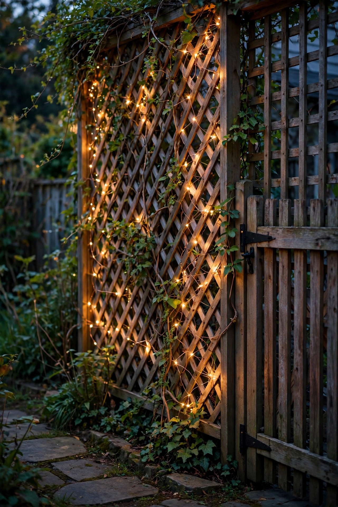 Copper wire fairy lights woven through a fence trellis with climbing vines beside a side yard gate at dusk