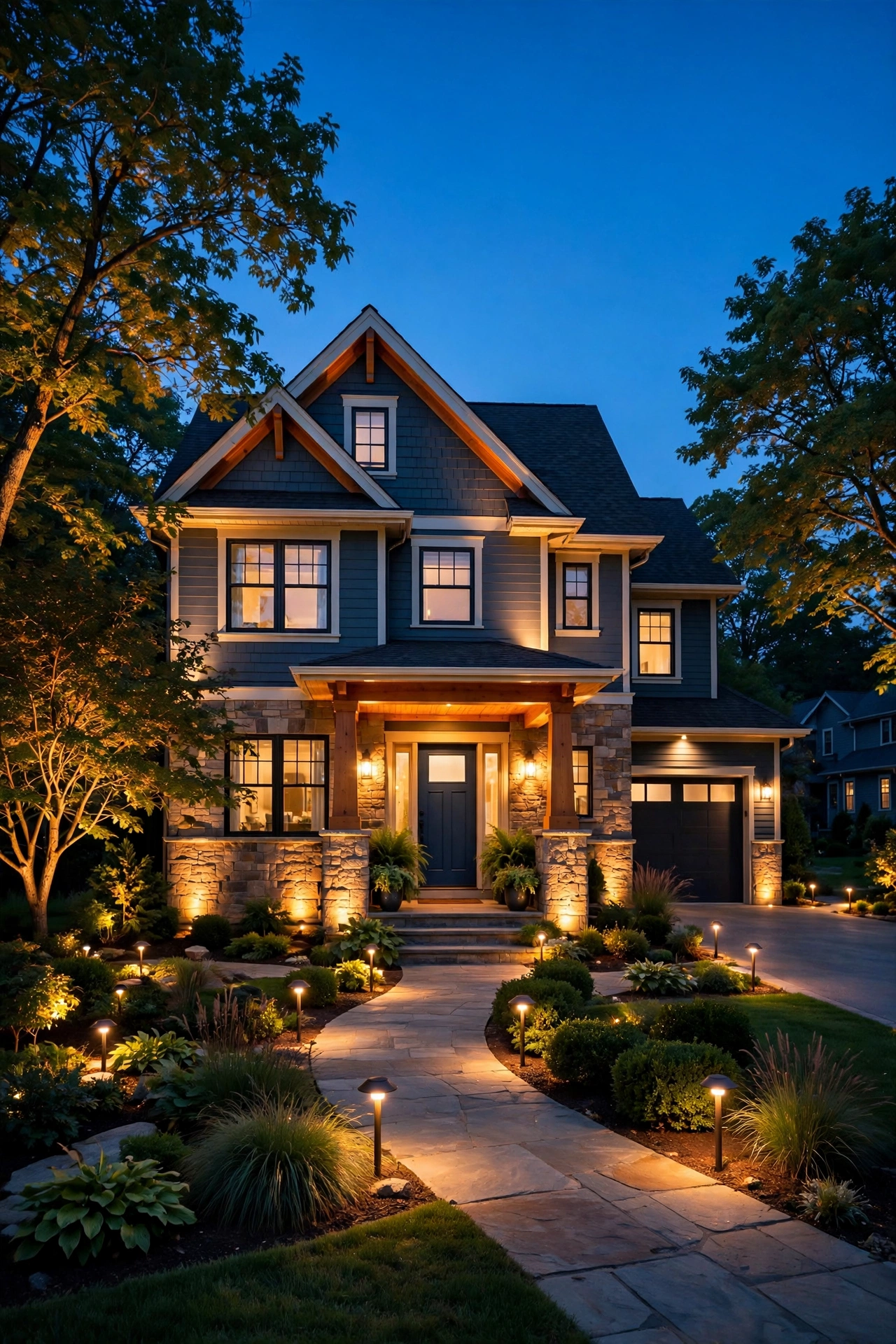 Beautiful twilight view of home with complete outdoor lighting curb appeal design