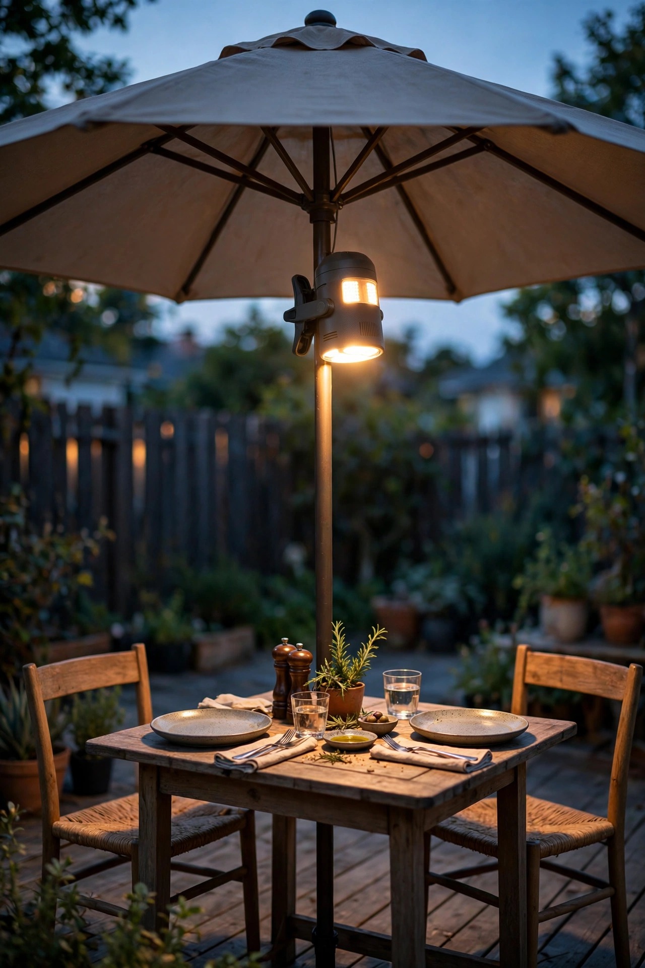 A clip-on light hub glowing under a patio umbrella over a small deck dining table at dusk