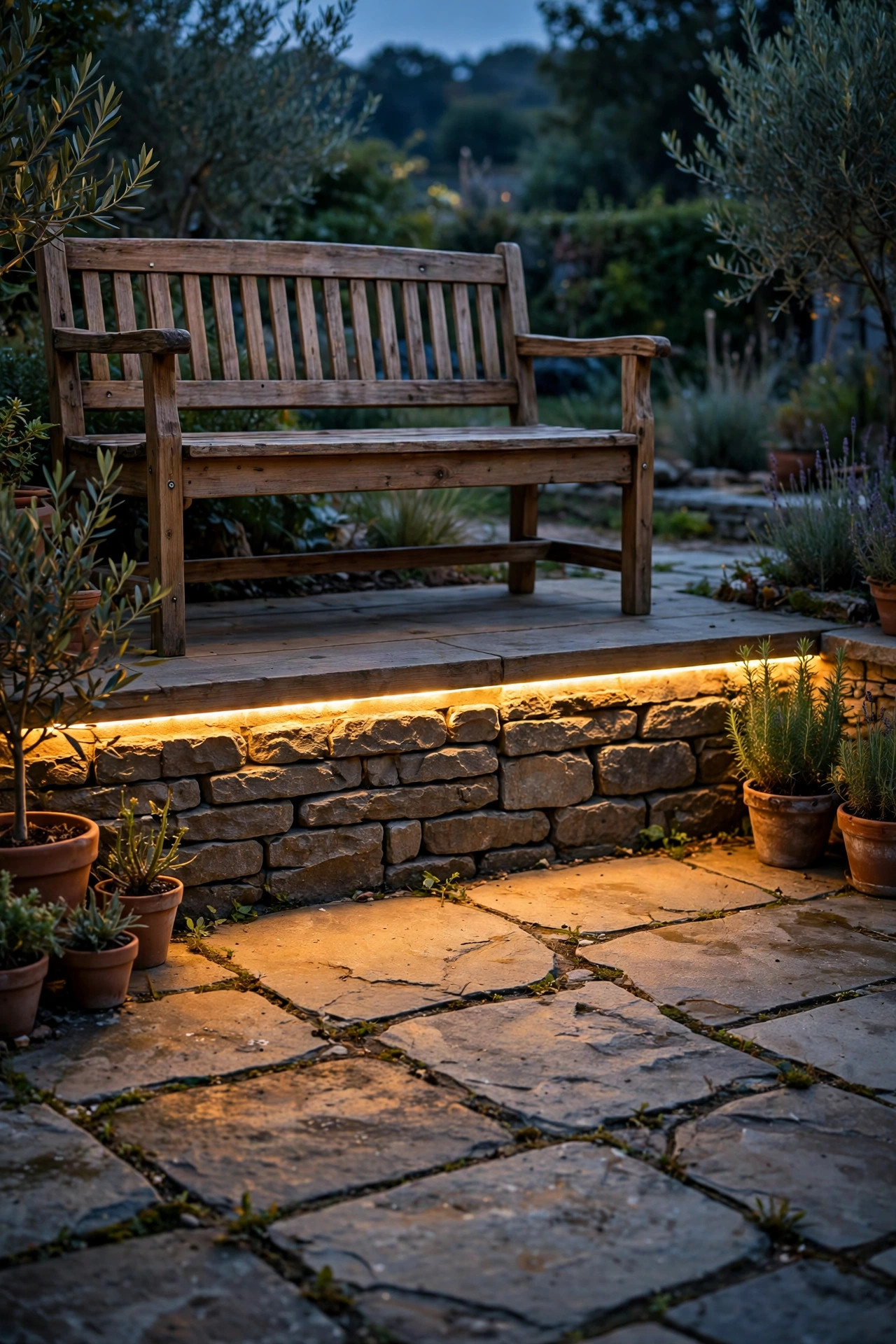 Warm LED strip light glowing beneath a patio bench and low wall washing the stone floor at dusk